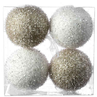 4" Tinsel Iced Ball Ornaments: Champagne & White (4) Item Number: 272382