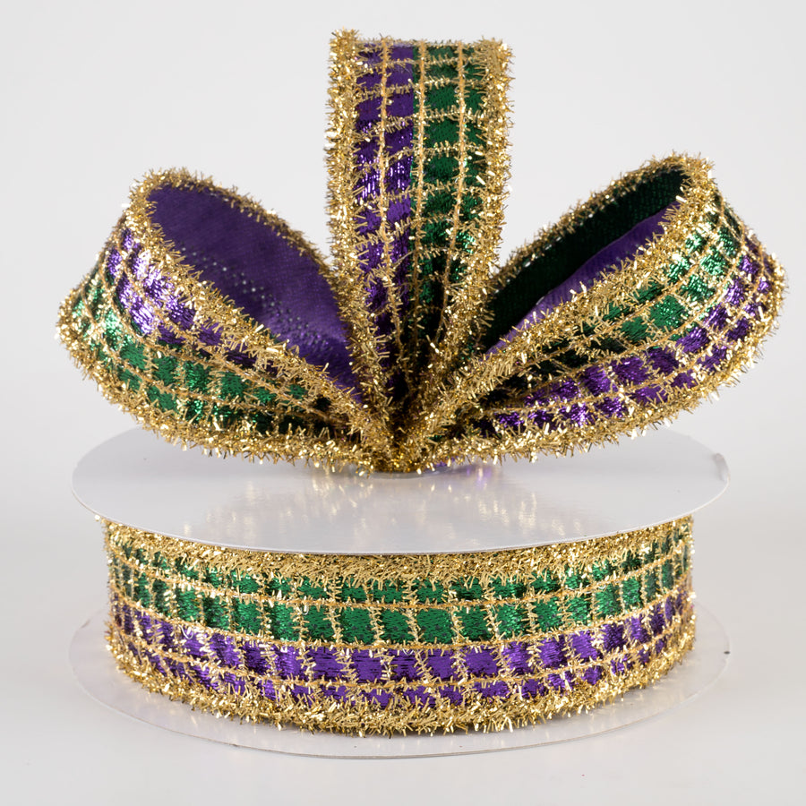 1.5" Tinsel Mesh on Metallic Ribbon: Purple, Green, Gold (10 Yards) Lifestyle Photo