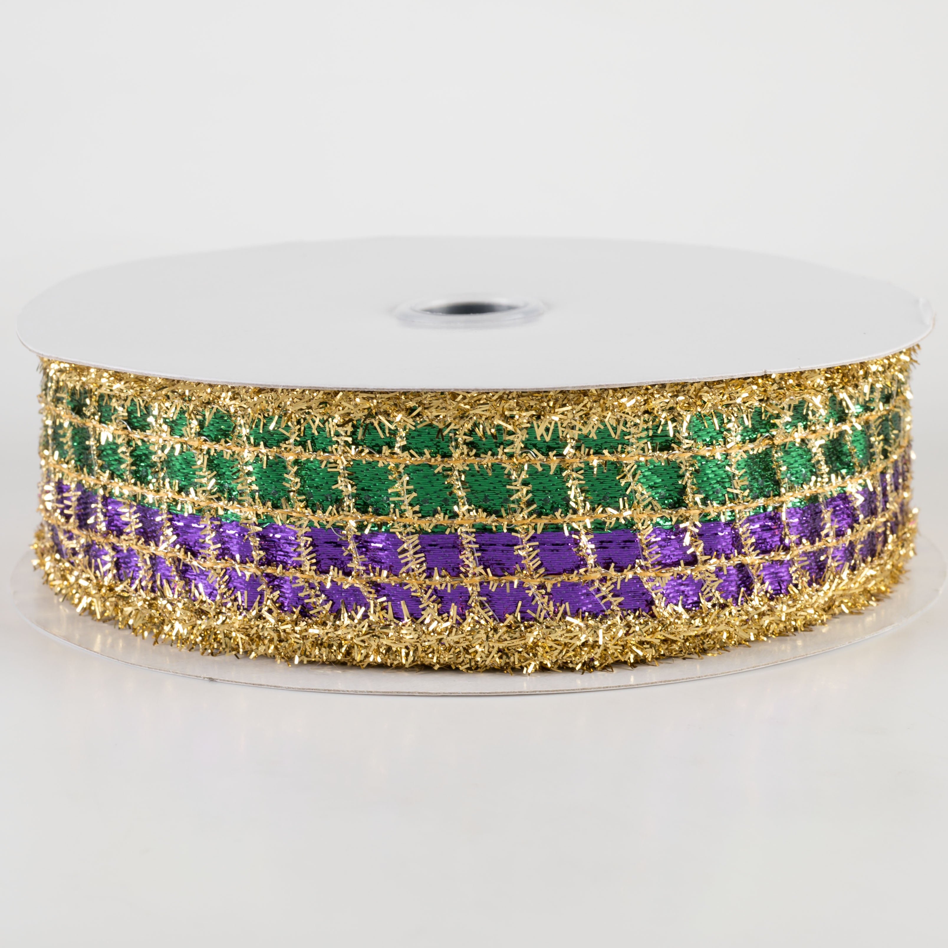 1.5" Tinsel Mesh on Metallic Ribbon: Purple, Green, Gold (10 Yards)