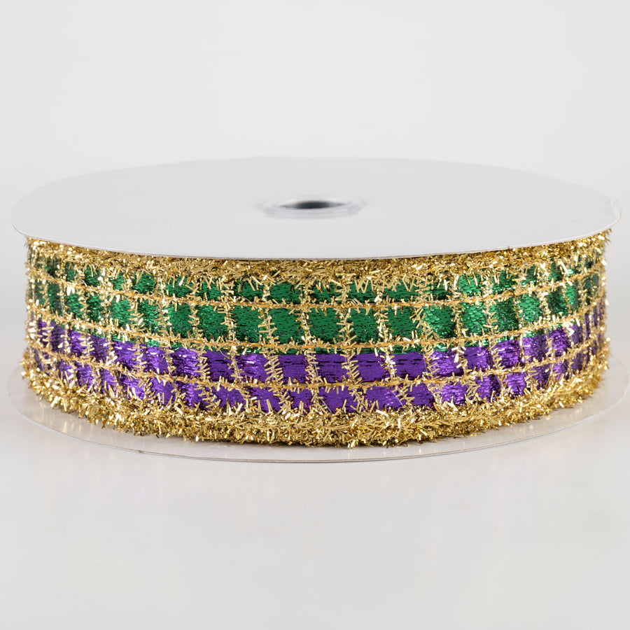 1.5" Tinsel Mesh on Metallic Ribbon: Purple, Green, Gold (10 Yards)