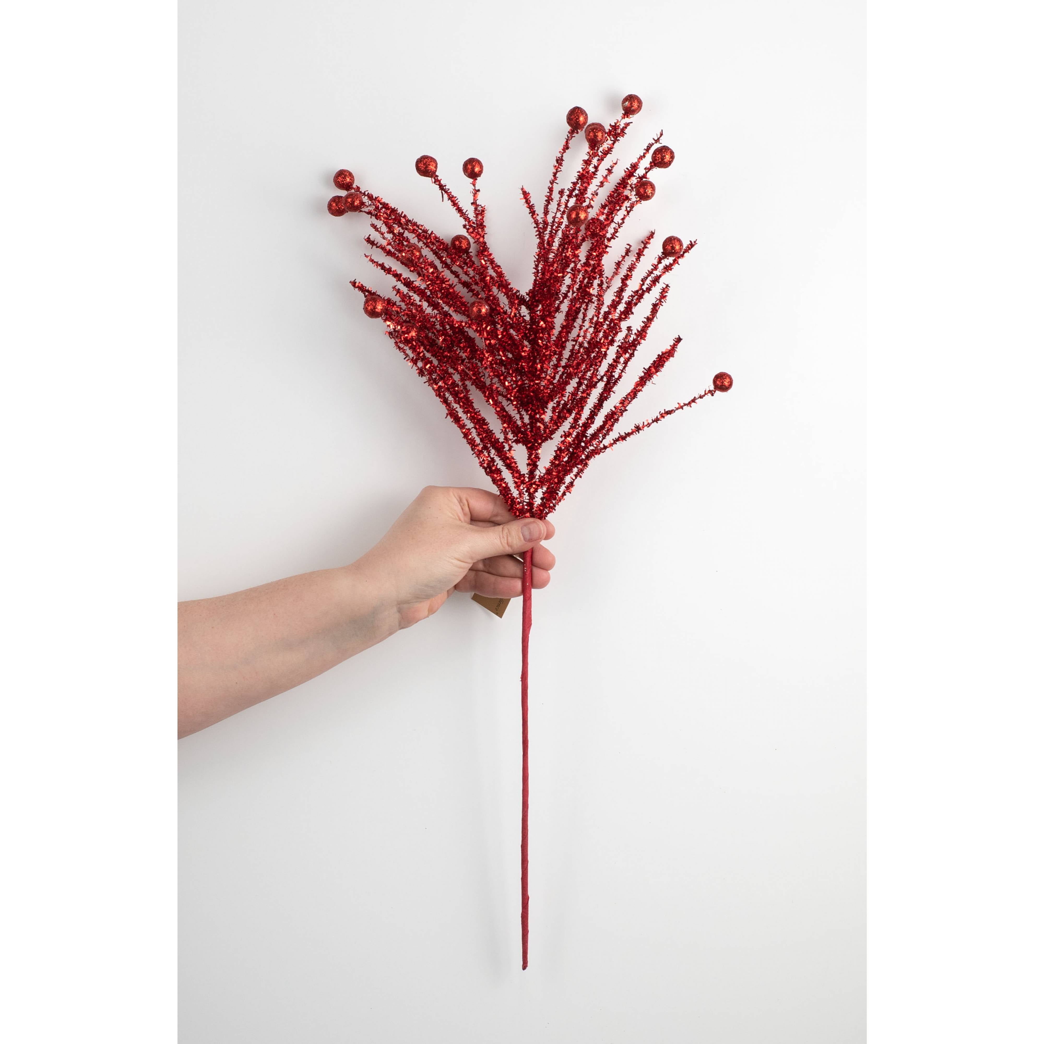 24" Tinsel Pine & Glitter Ball Ornament Spray: Red detail photo 3