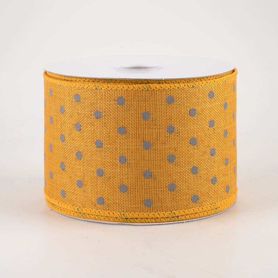 2.5" Tiny Dots Linen Ribbon: Grey on Sunflower (10 Yards)
