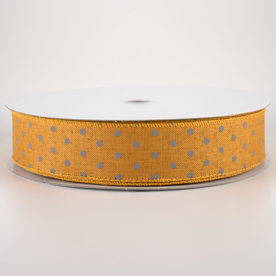 1.5" Tiny Dots Linen Ribbon: Grey on Sunflower (50 Yards)