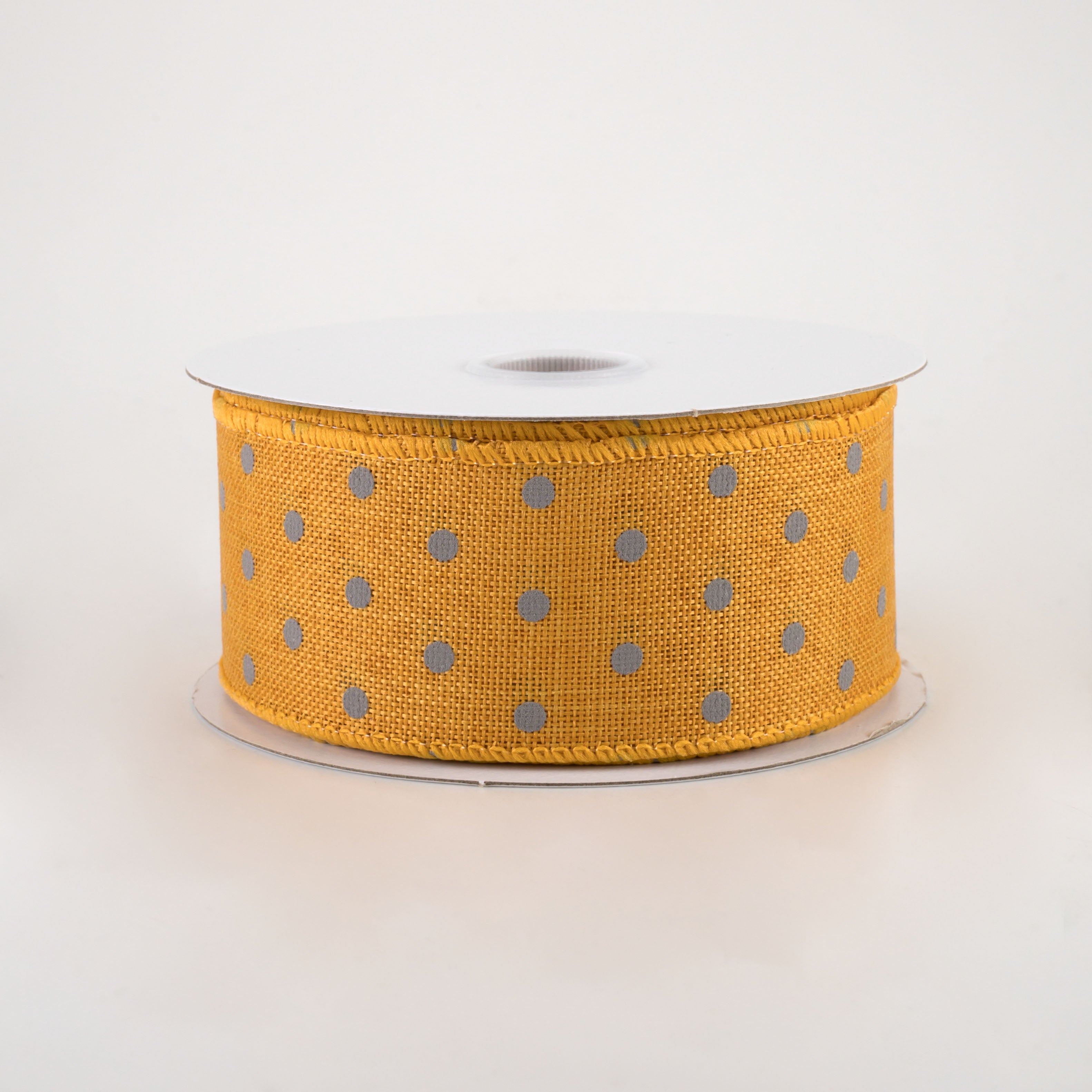 1.5" Tiny Dots Linen Ribbon: Grey on Sunflower (10 Yards)