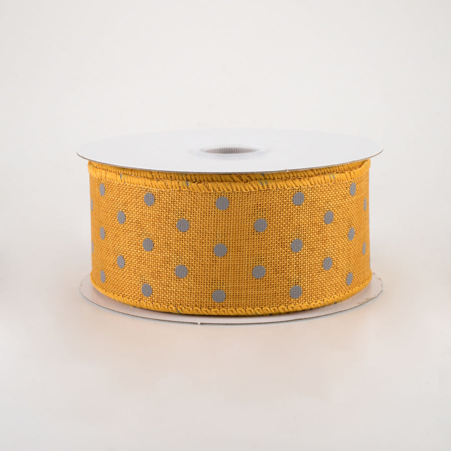 1.5" Tiny Dots Linen Ribbon: Grey on Sunflower (10 Yards)