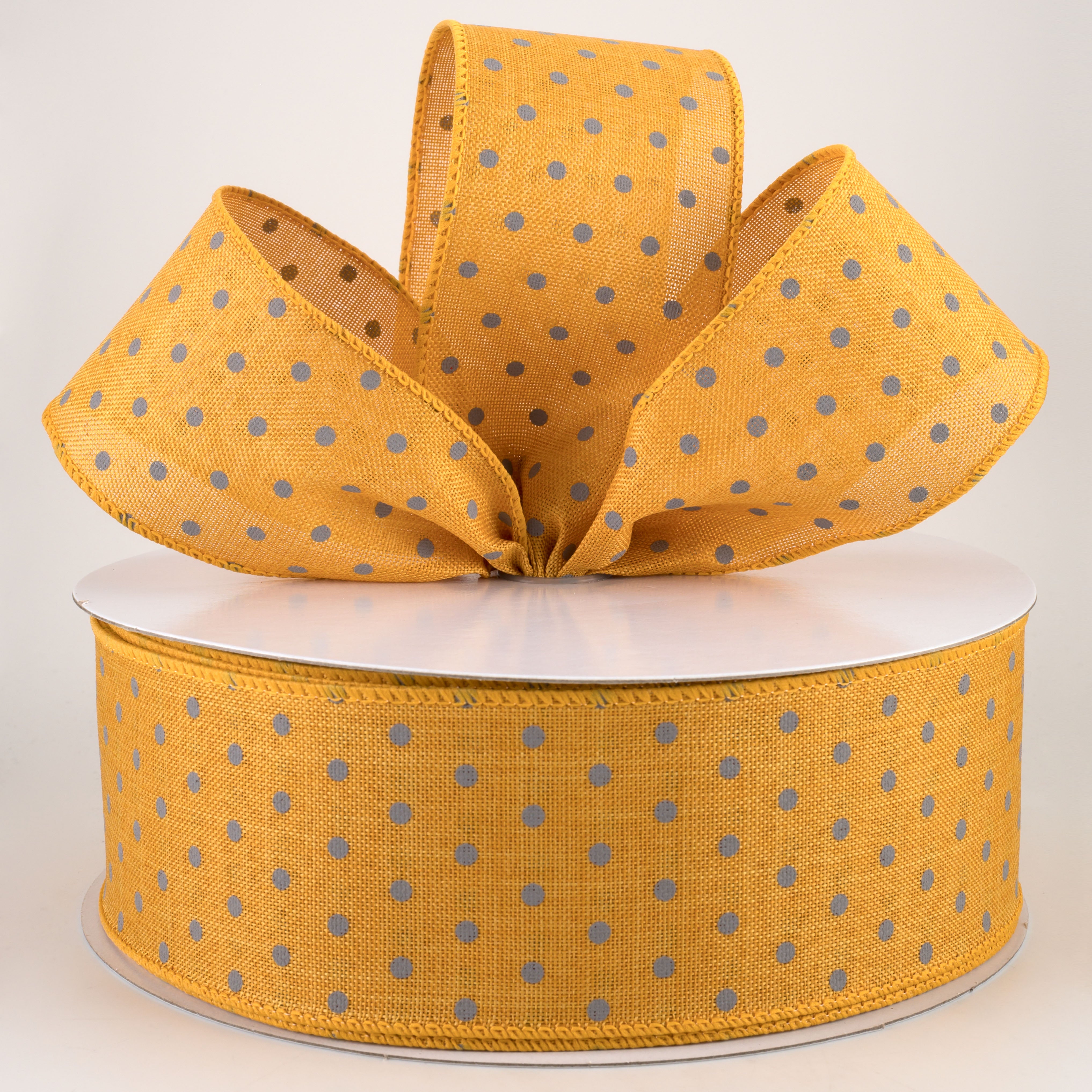 2.5" Tiny Dots Linen Ribbon: Grey on Sunflower (50 Yards) Lifestyle Photo