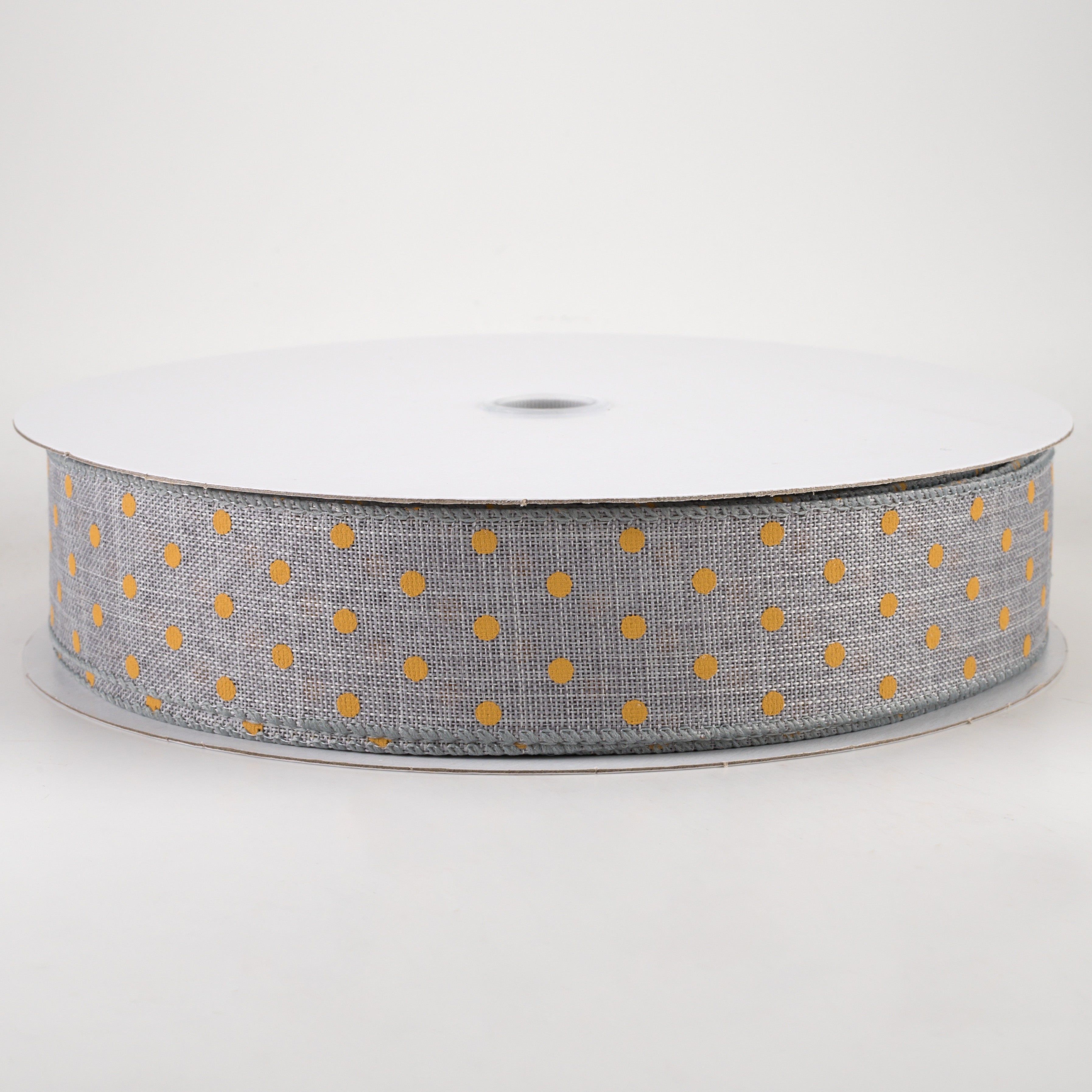1.5" Tiny Dots Linen Ribbon: Sunflower on Grey (50 Yards)