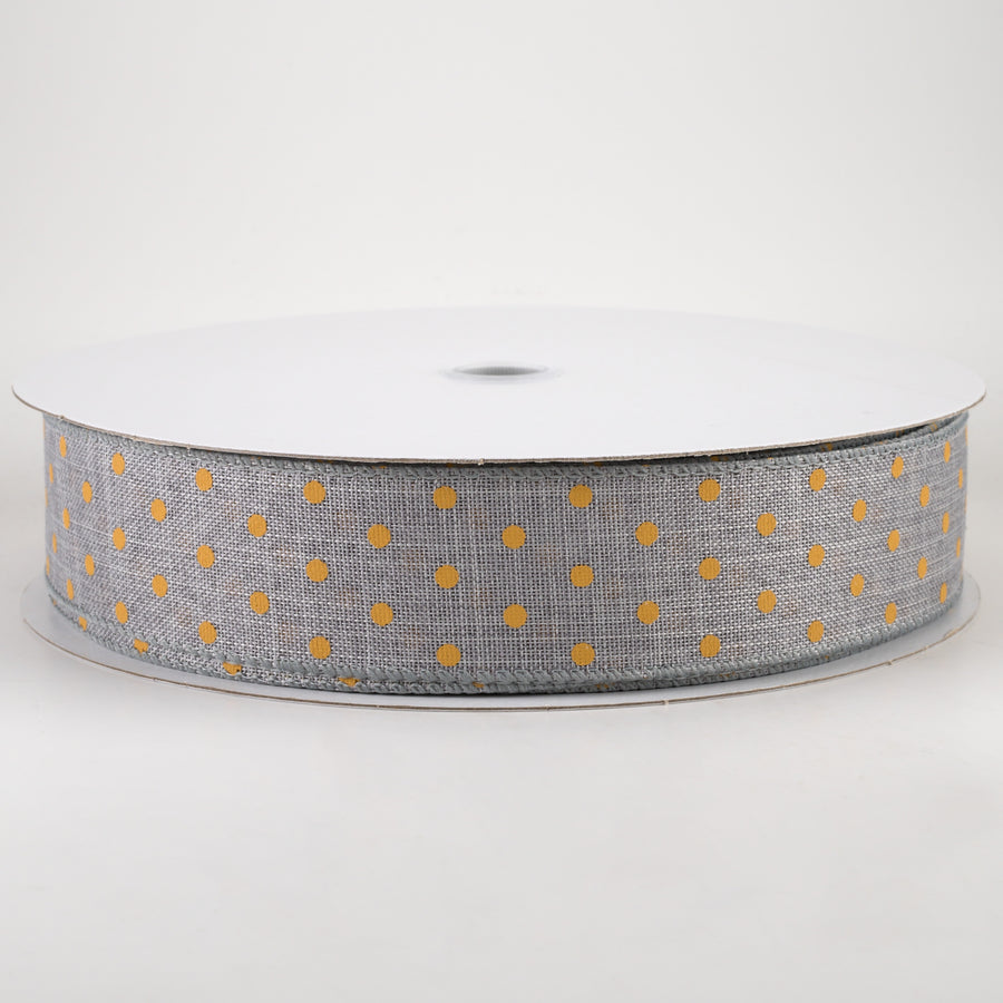 1.5" Tiny Dots Linen Ribbon: Sunflower on Grey (50 Yards)