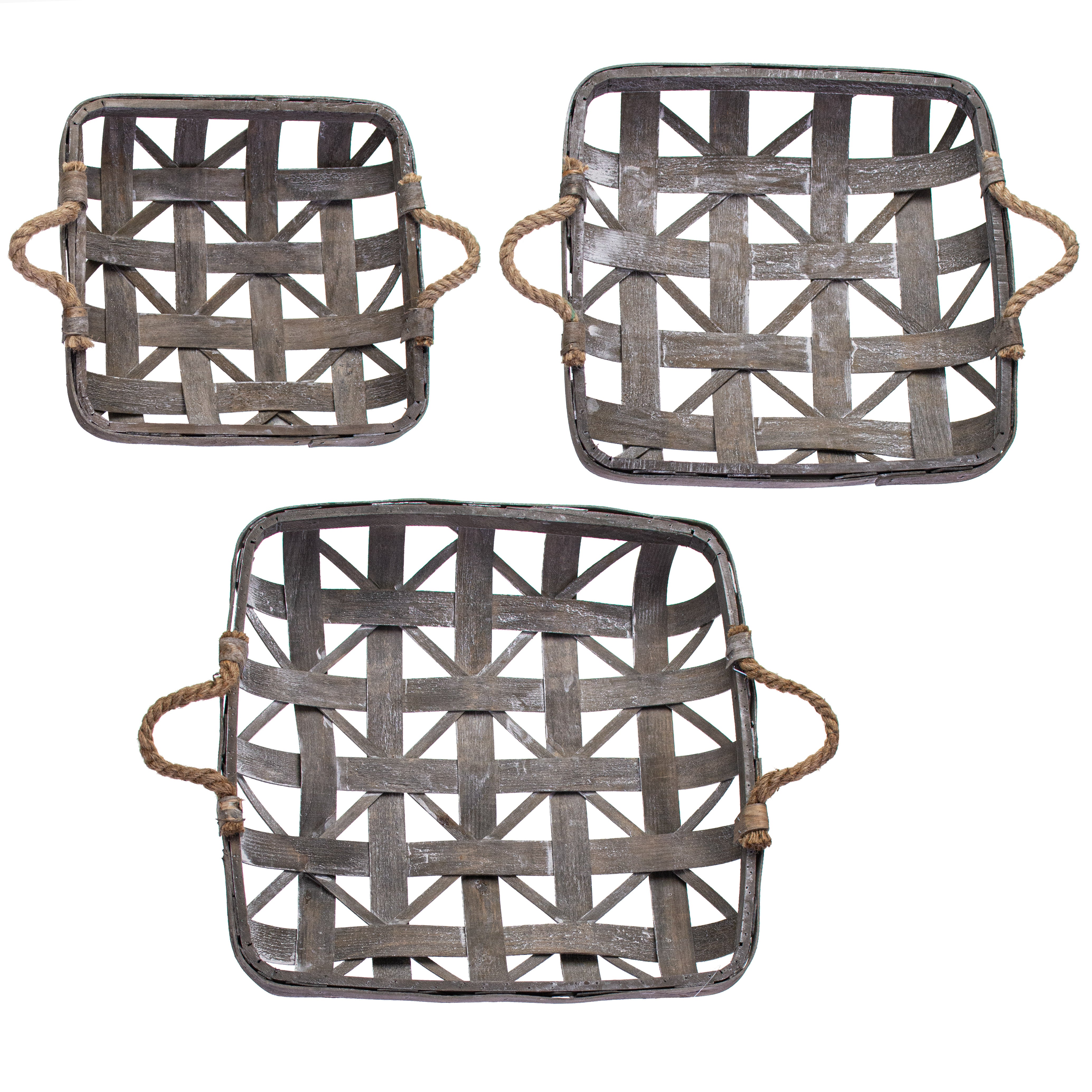 10-15" Tobacco Basket With Jute Handles: Square Grey Wash (Set of 3) Item Number: M10202ABC