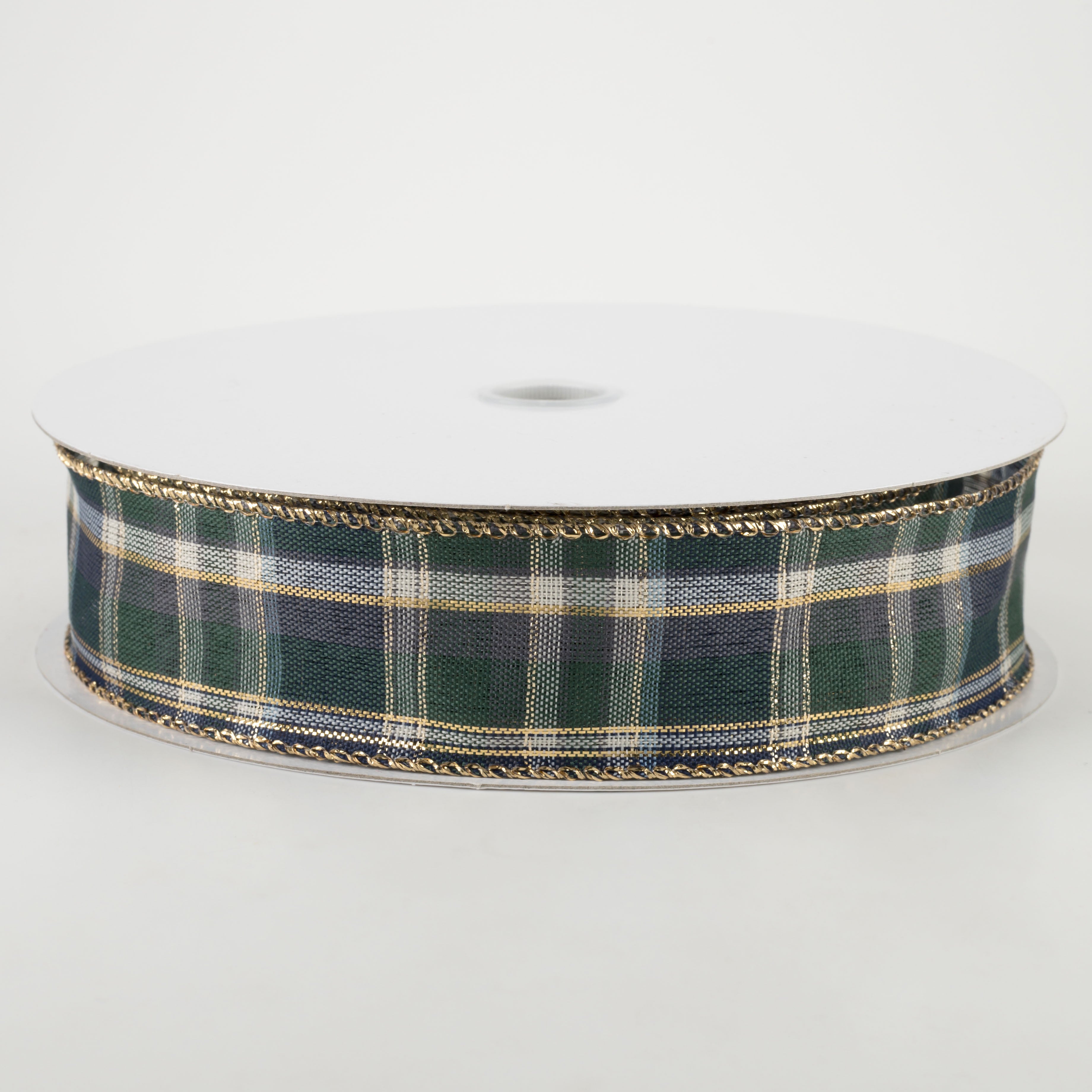 1.5" Tom Plaid Ribbon: Navy, Emerald & Gold (50 Yards)