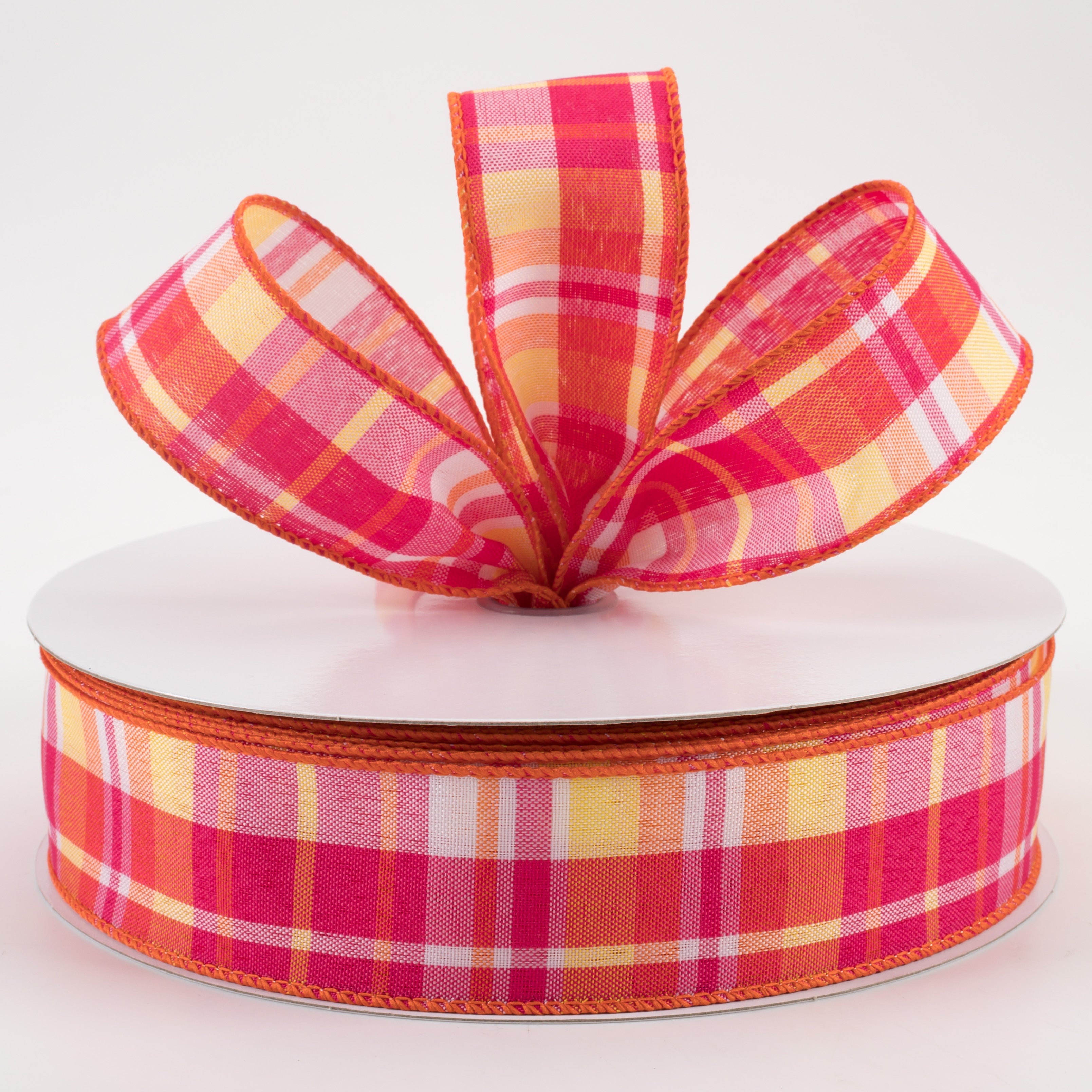 1.5" Toni Plaid Ribbon: Pink, Orange, Yellow, White (50 Yards) Lifestyle Photo