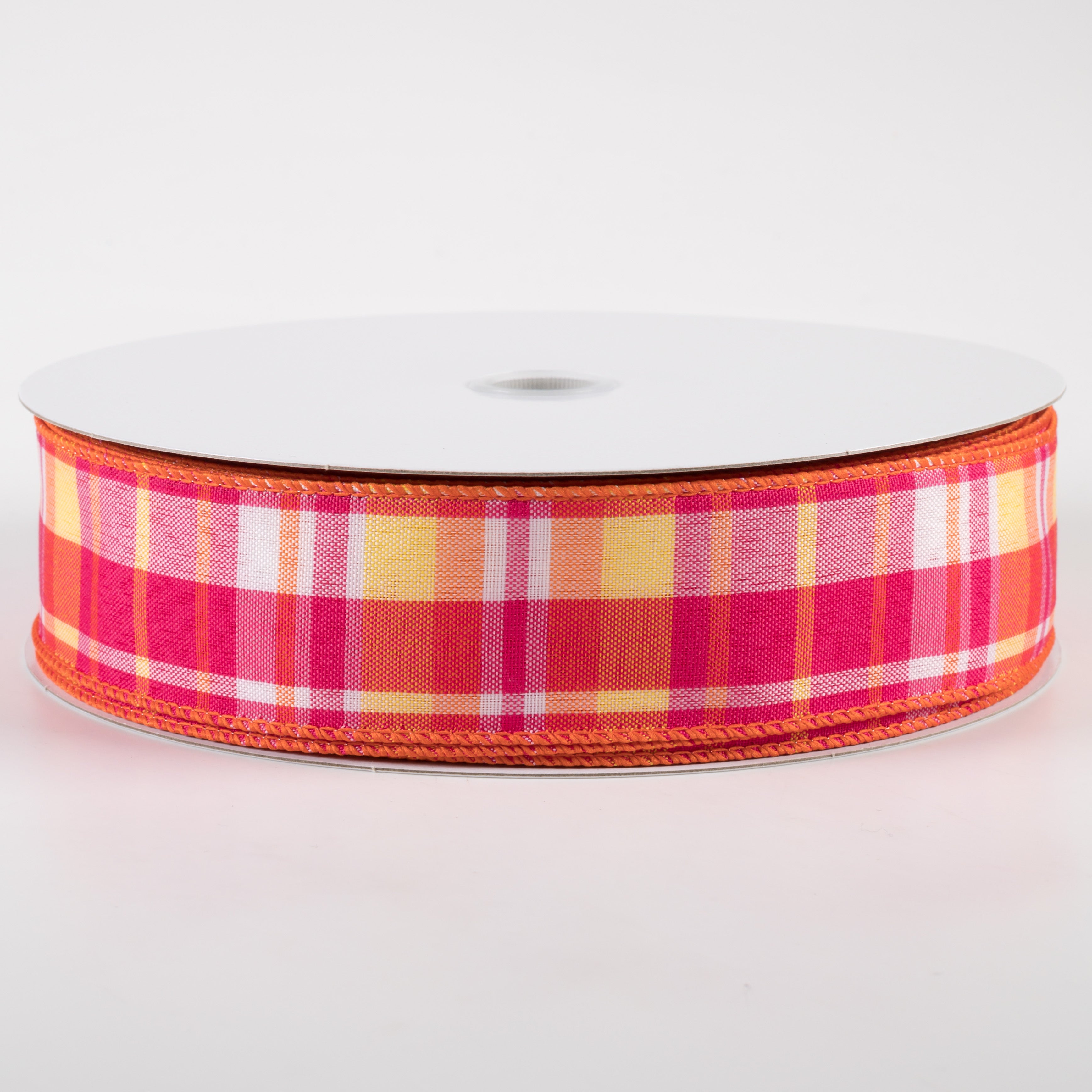 1.5" Toni Plaid Ribbon: Pink, Orange, Yellow, White (50 Yards)