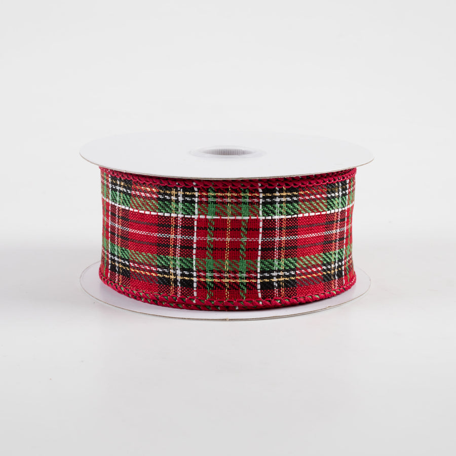 1.5" Traditional Plaid Ribbon: Red, Green, Gold, Black, White (10 Yards)