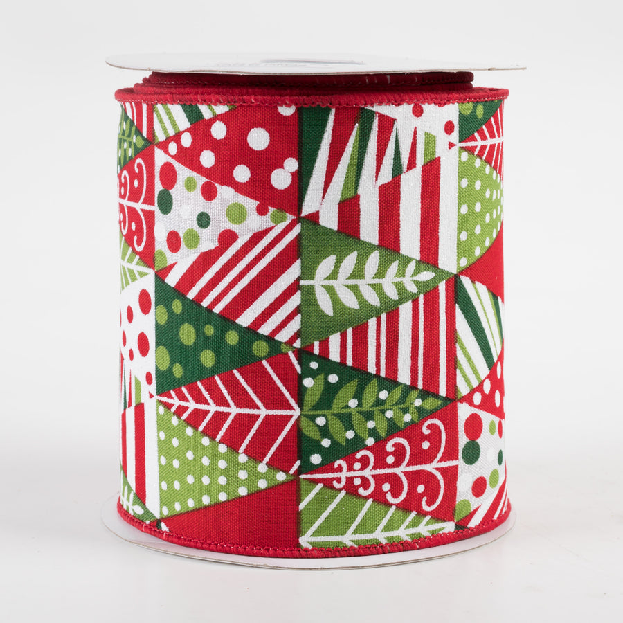 4" Triangle Christmas Tree Ribbon: White, Red, Green (10 Yards)