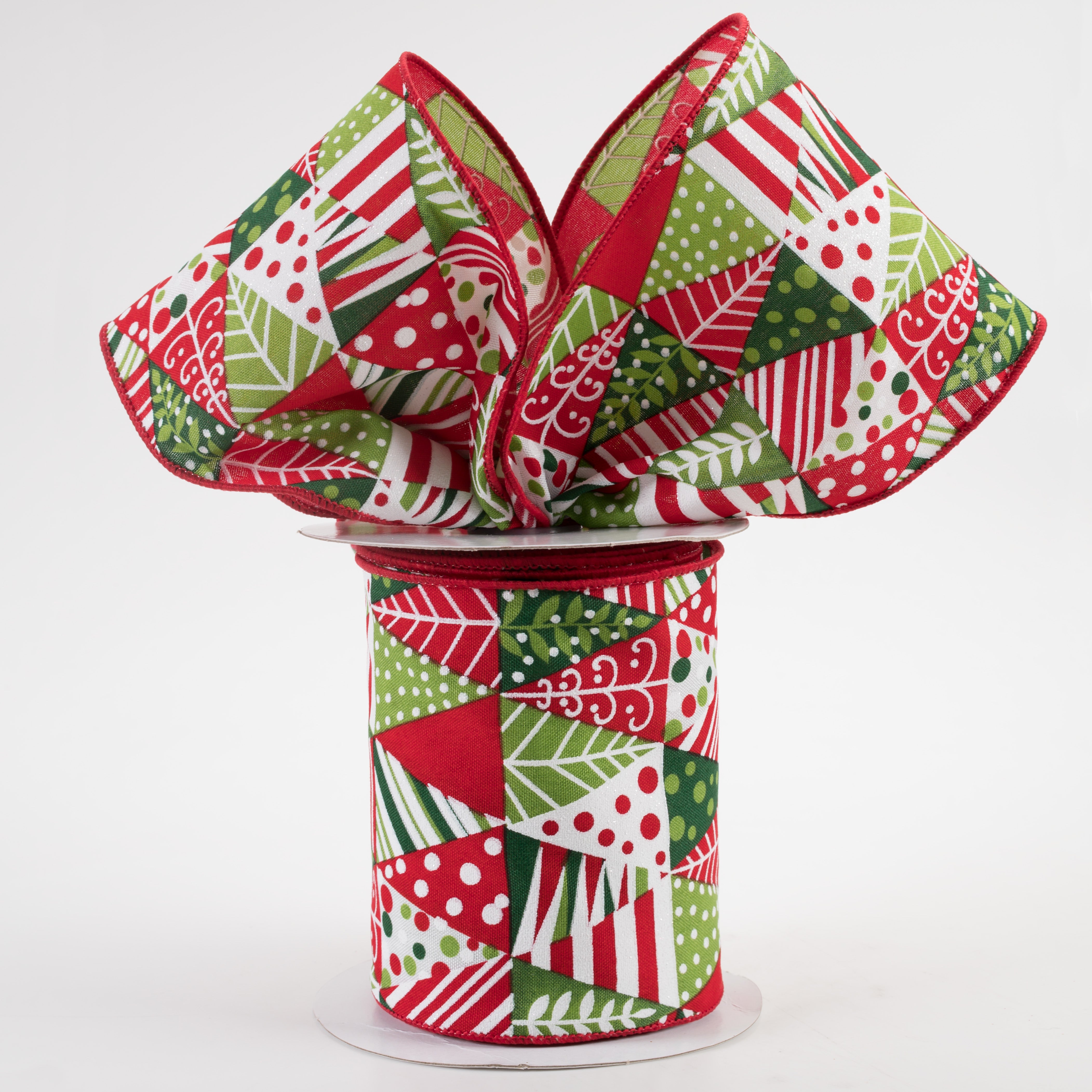 4" Triangle Christmas Tree Ribbon: White, Red, Green (10 Yards) Lifestyle Photo