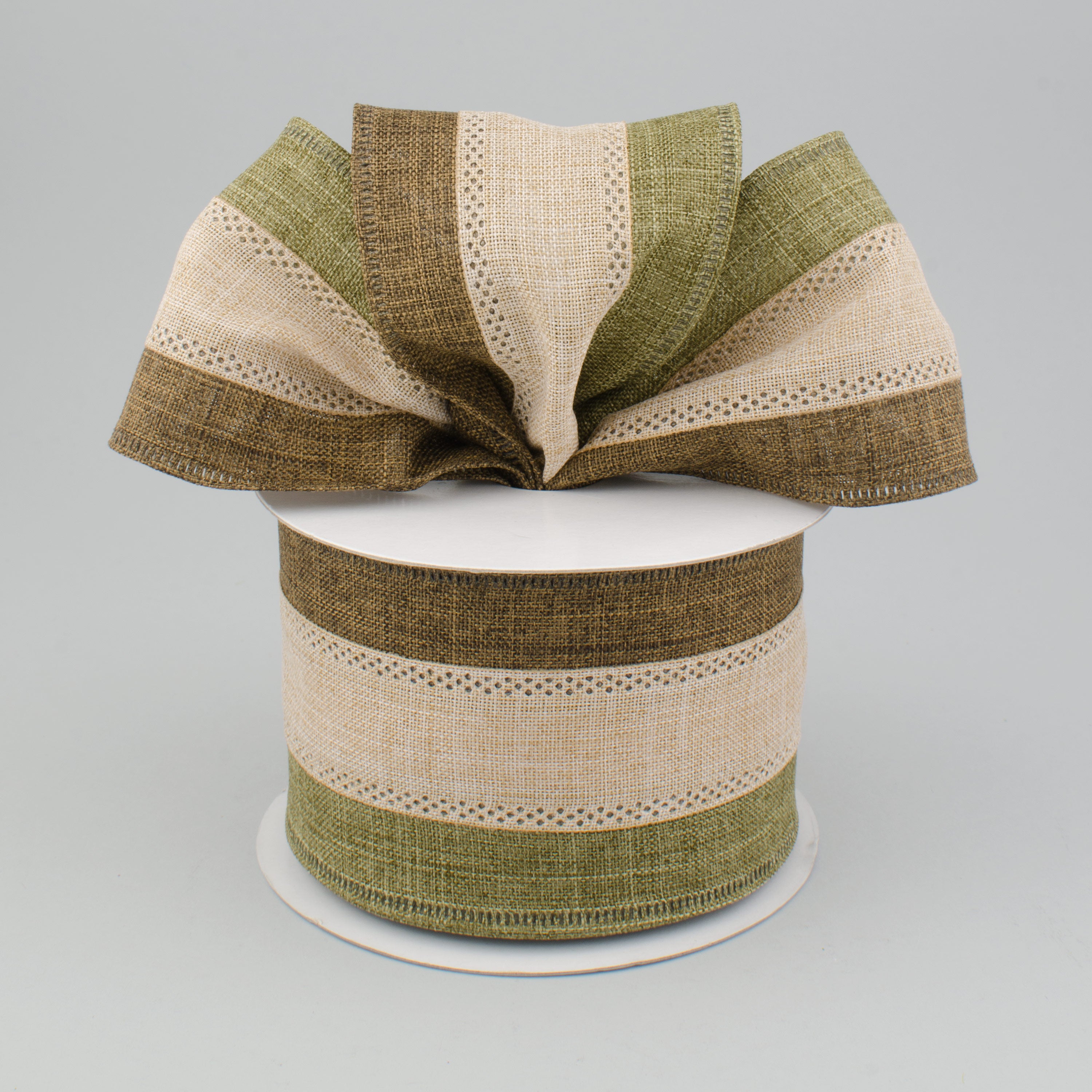 2.5" Tricolor Striped Ribbon: Moss, Tan, Brown (10 Yards) Lifestyle Photo