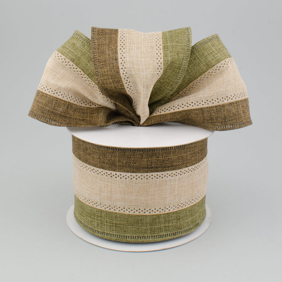 2.5" Tricolor Striped Ribbon: Moss, Tan, Brown (10 Yards) Lifestyle Photo