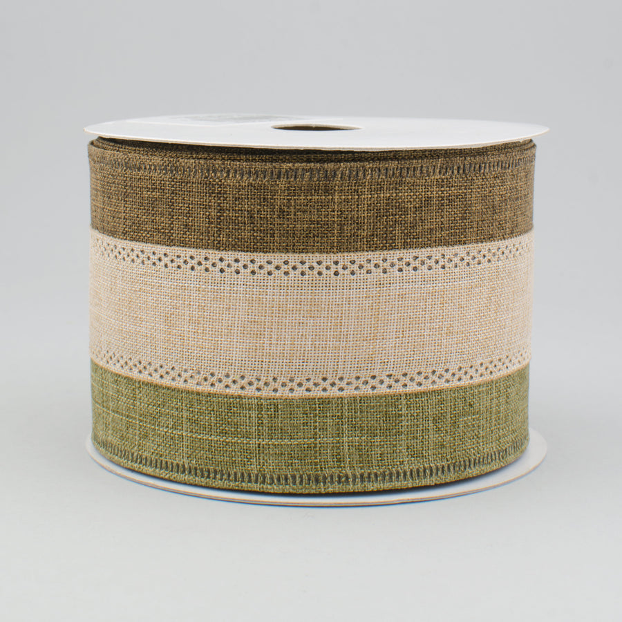 2.5" Tricolor Striped Ribbon: Moss, Tan, Brown (10 Yards)