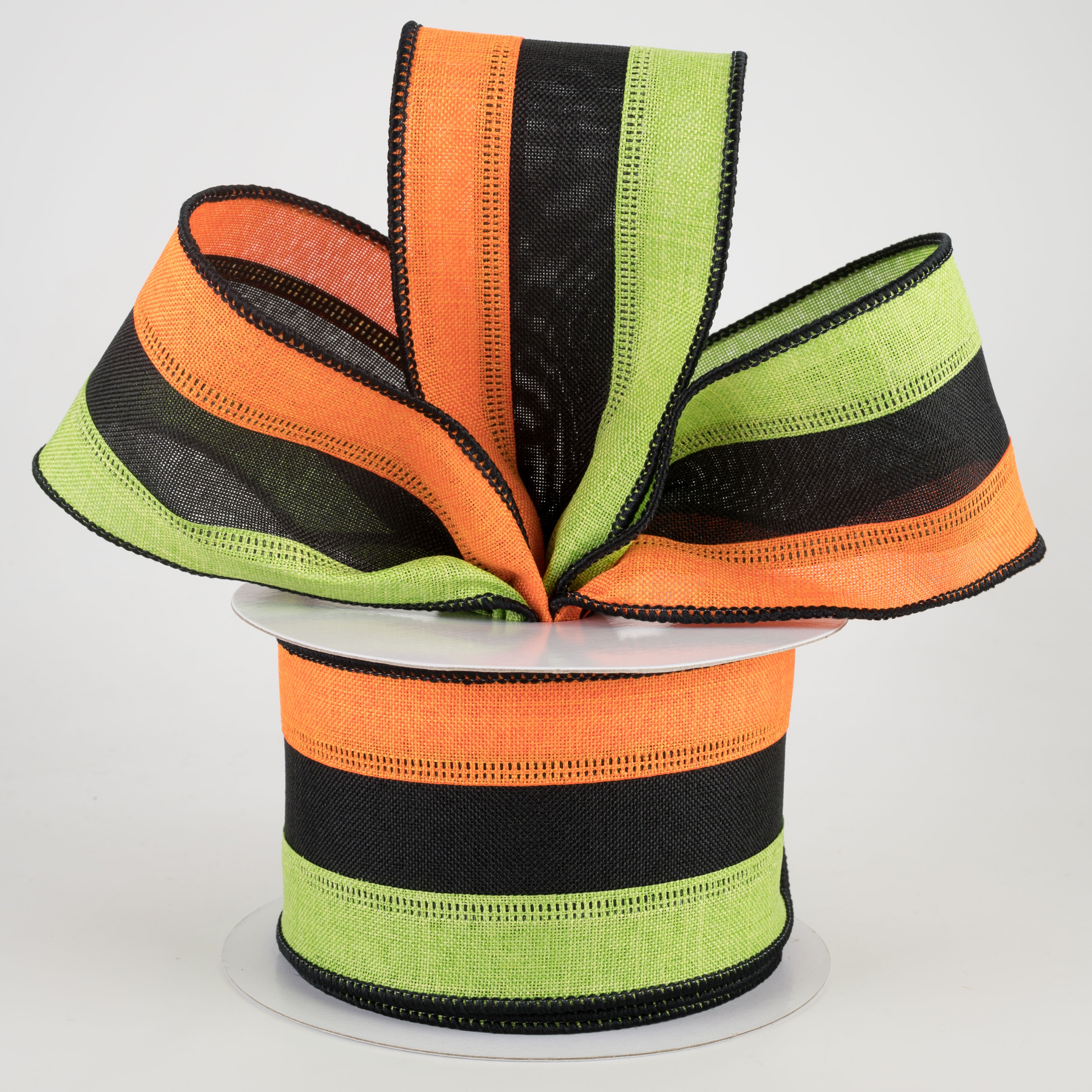 2.5" Tricolor Striped Ribbon: Orange, Black, Lime Green (10 Yards) Lifestyle Photo