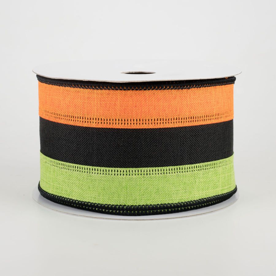 2.5" Tricolor Striped Ribbon: Orange, Black, Lime Green (10 Yards)