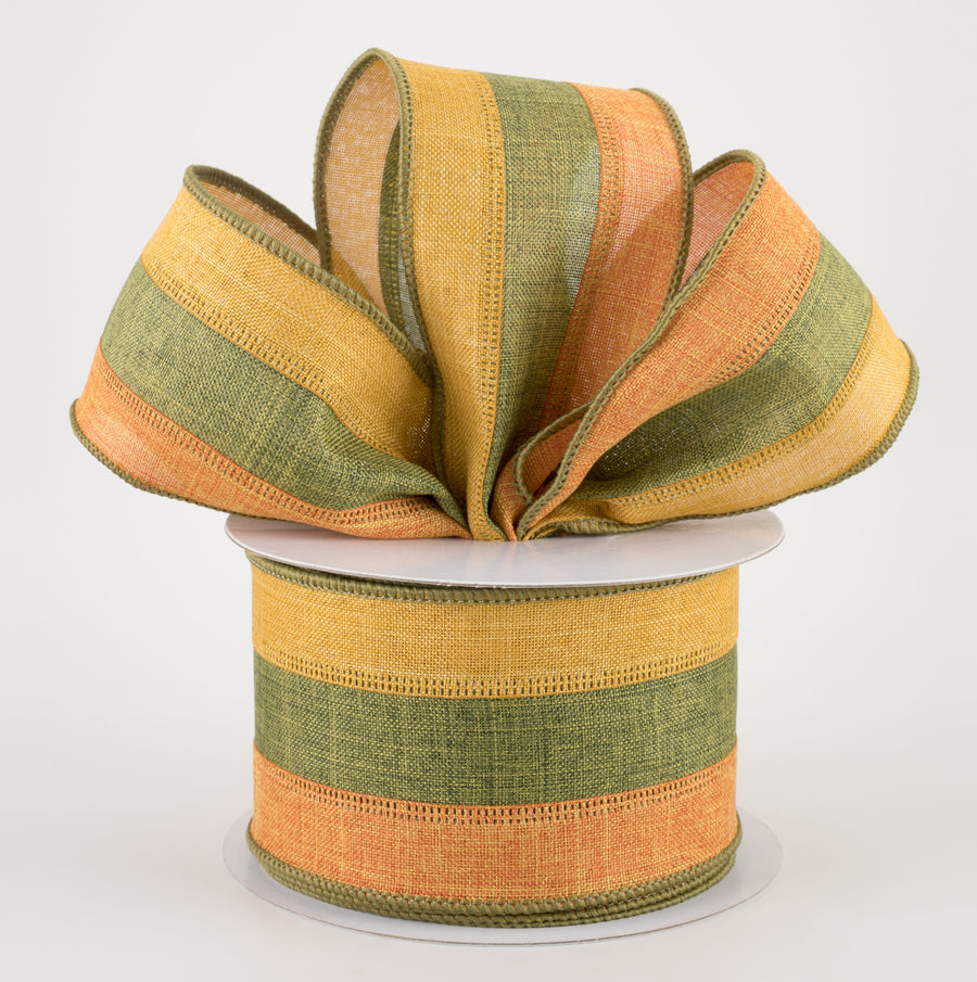 2.5" Tricolor Striped Ribbon: Pumpkin Orange, Dark Moss, Dark Mustard (10 Yards) Lifestyle Photo