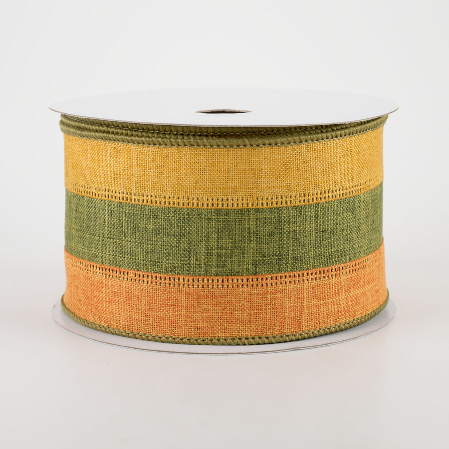 2.5" Tricolor Striped Ribbon: Pumpkin Orange, Dark Moss, Dark Mustard (10 Yards)