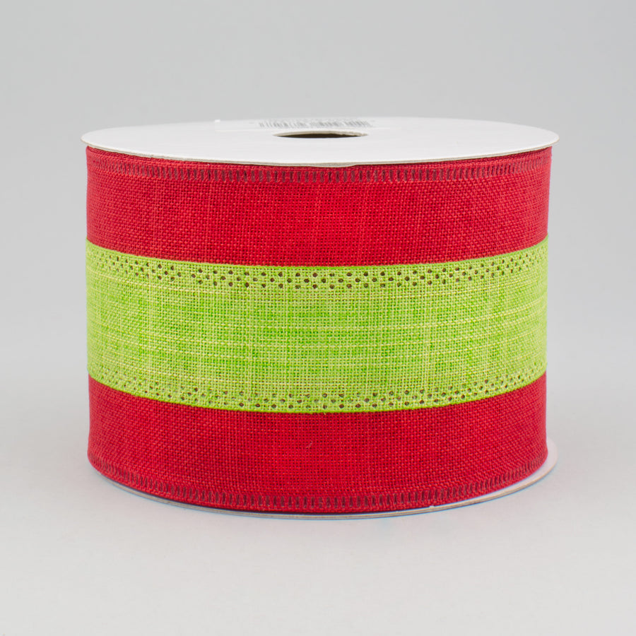 2.5" Tricolor Striped Ribbon: Red & Lime Green (10 Yards)