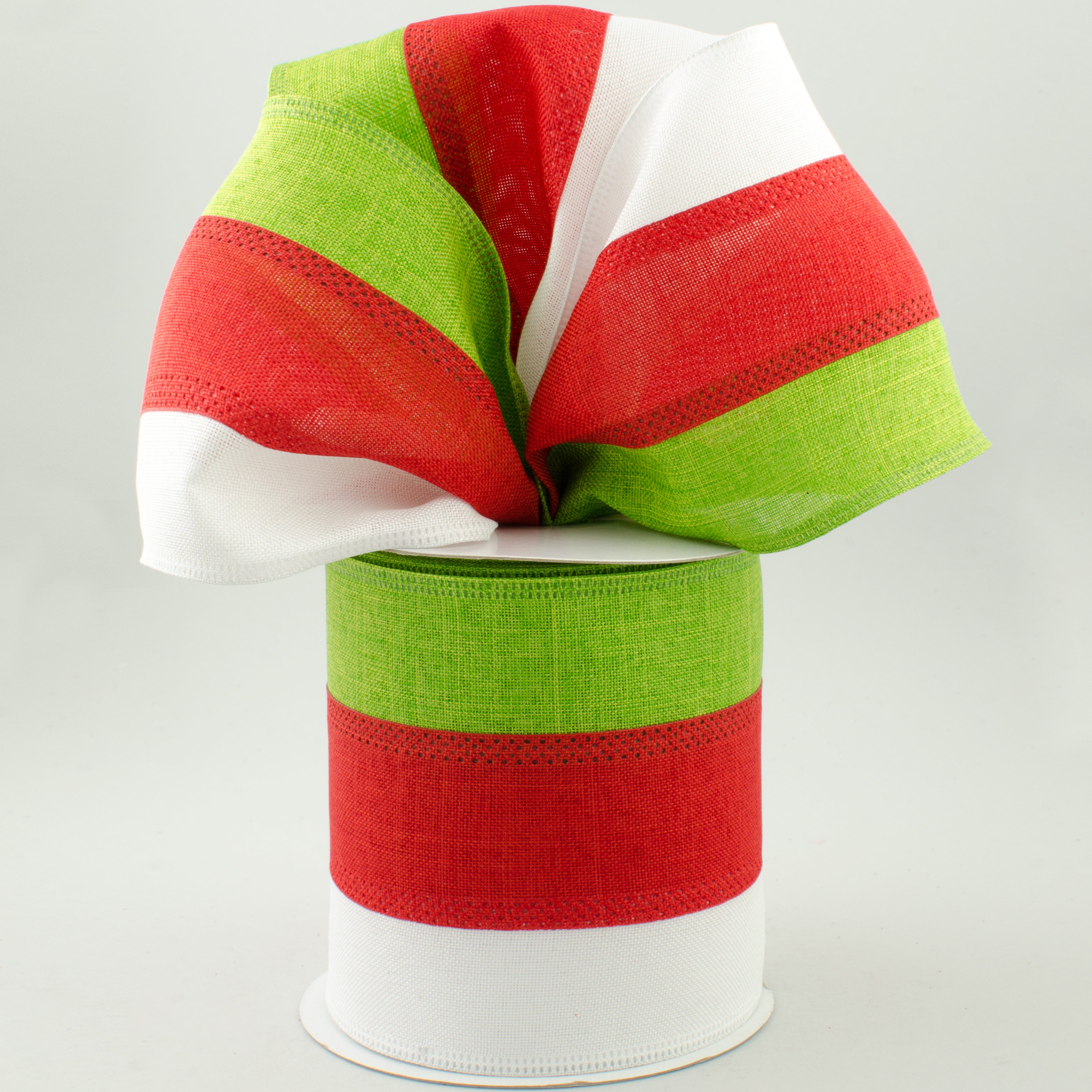 4" Tricolor Striped Ribbon: White, Red, Fresh Green (10 Yards) Lifestyle Photo