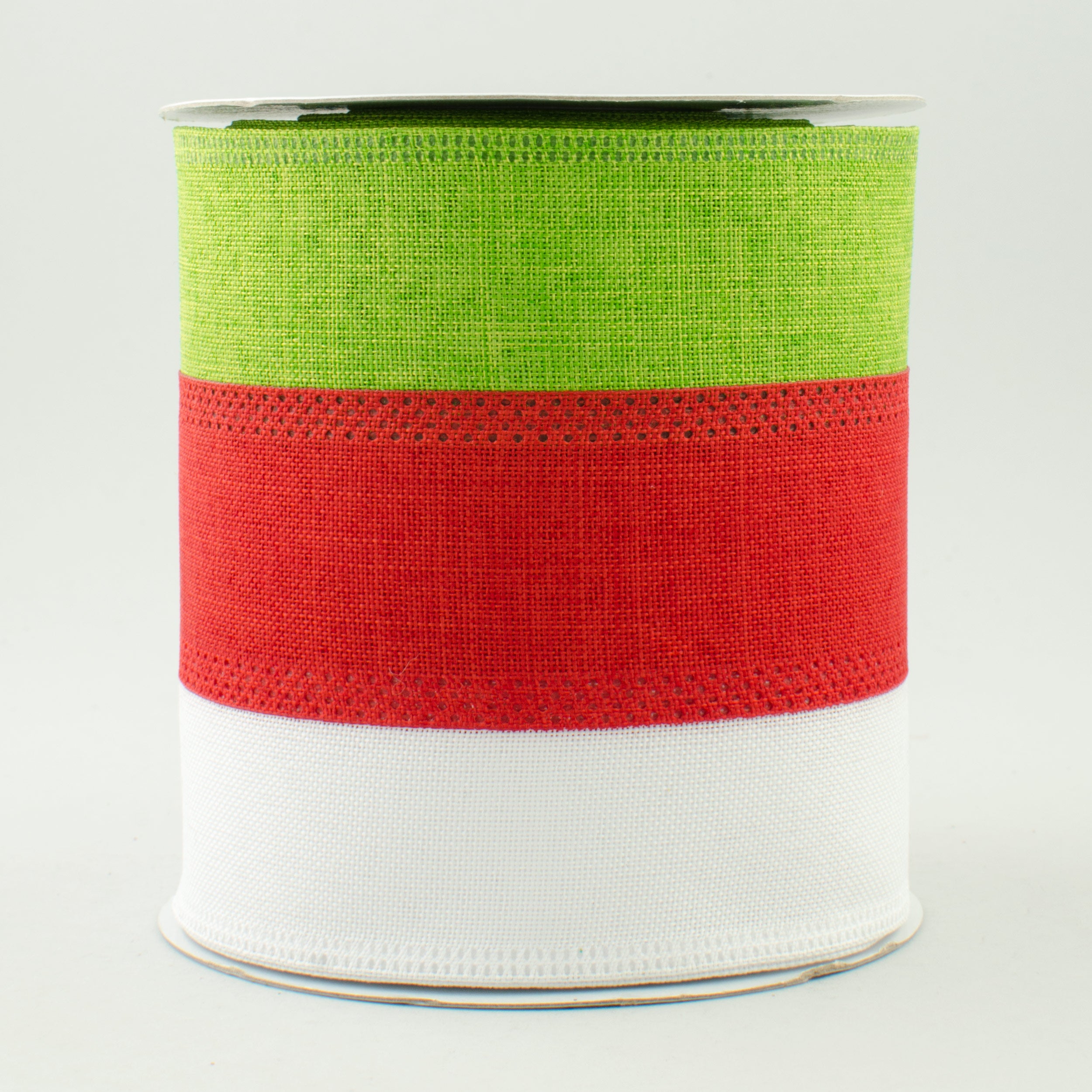 4" Tricolor Striped Ribbon: White, Red, Fresh Green (10 Yards)