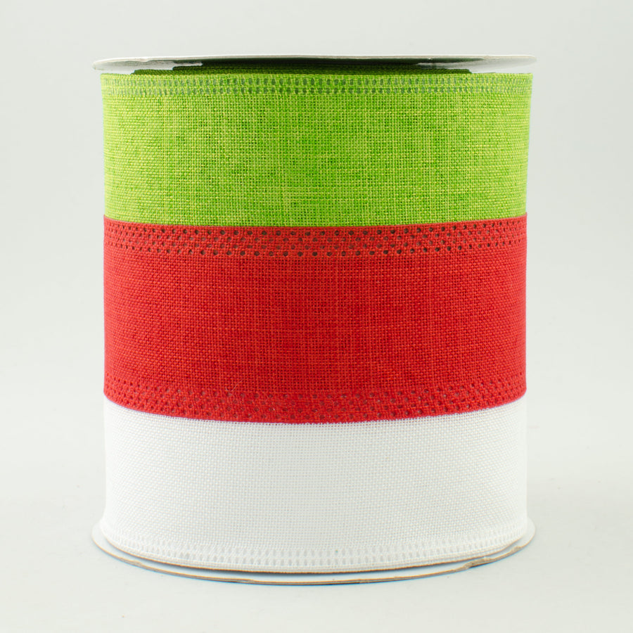 4" Tricolor Striped Ribbon: White, Red, Fresh Green (10 Yards)
