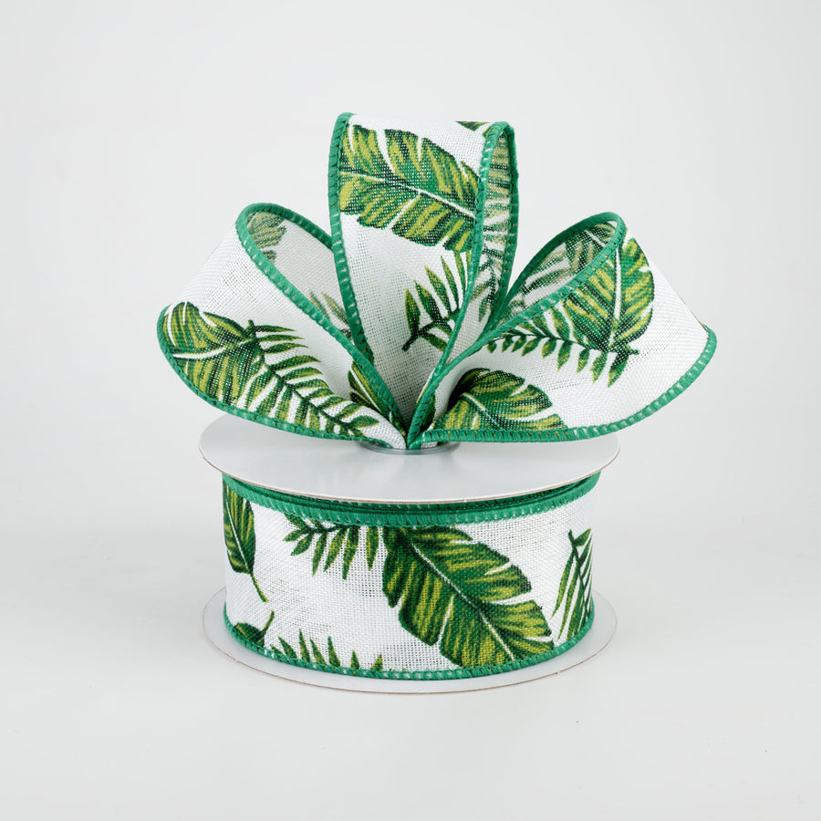 1.5" Tropical Leaves Linen Ribbon: White (10 Yards) Lifestyle Photo