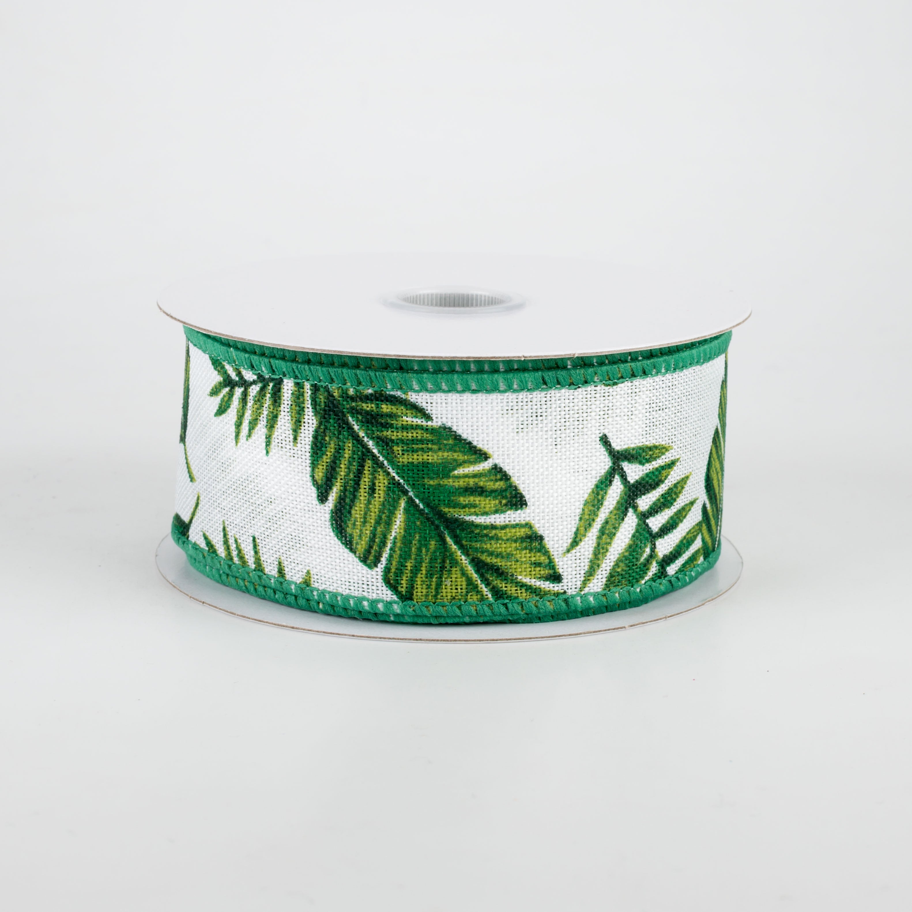 1.5" Tropical Leaves Linen Ribbon: White (10 Yards)