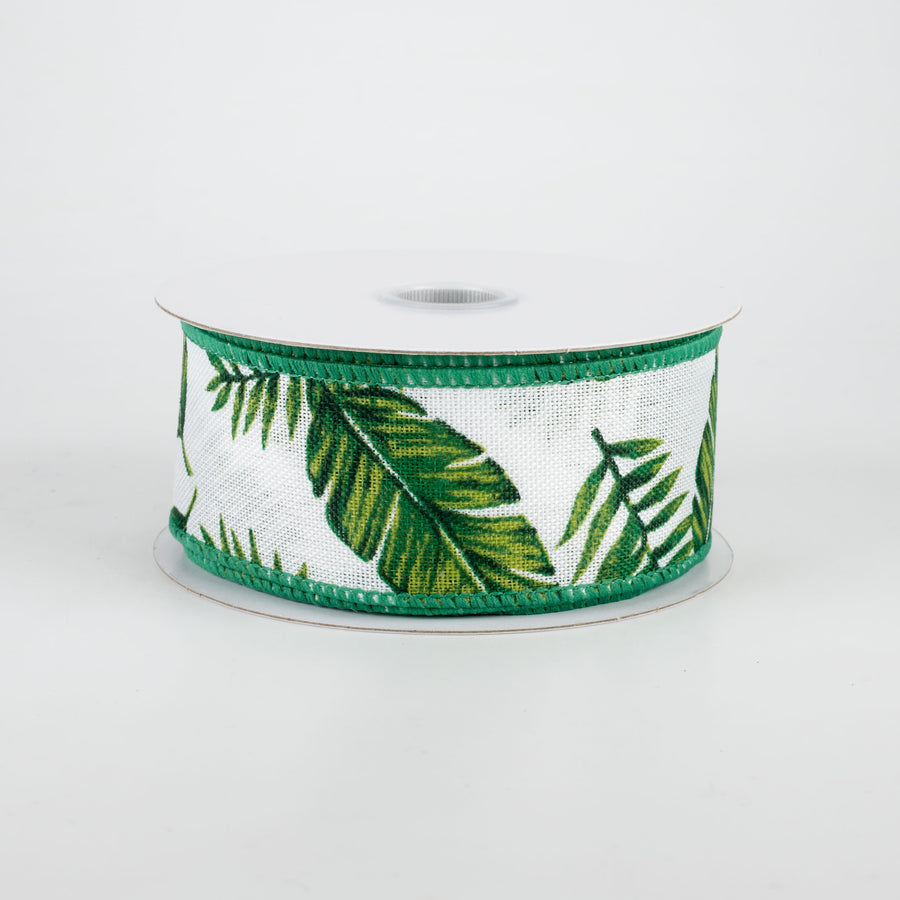 1.5" Tropical Leaves Linen Ribbon: White (10 Yards)