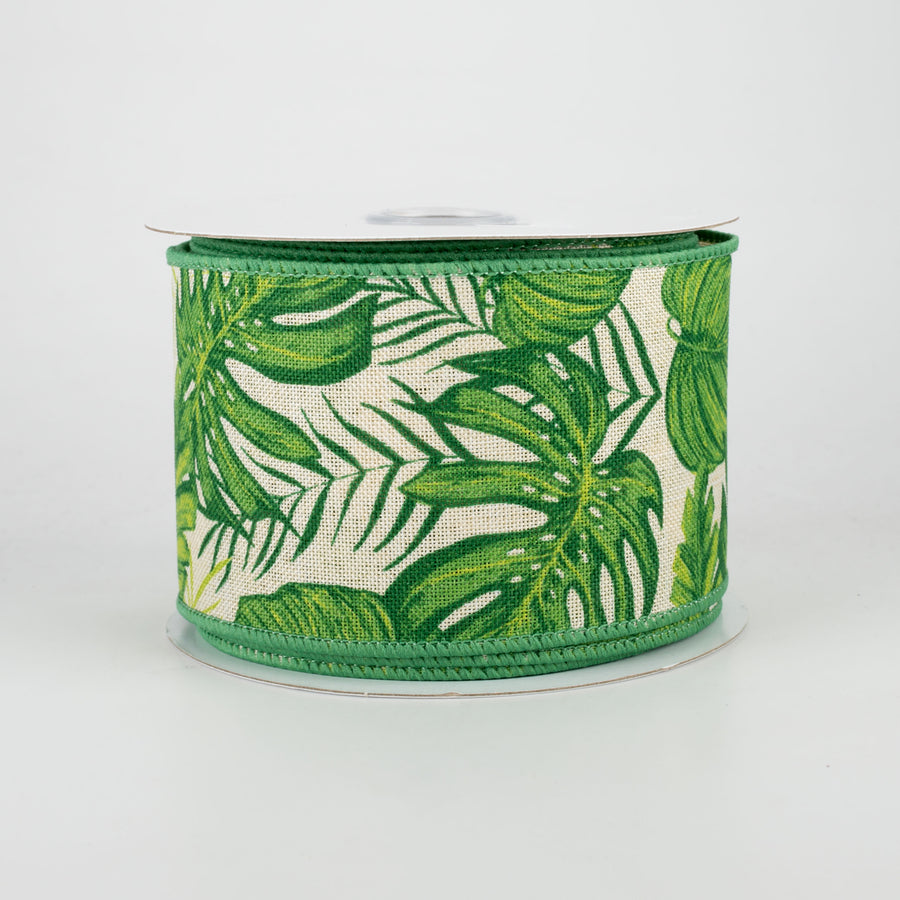 2.5" Tropical Leaves Ribbon: Cream (10 Yards)