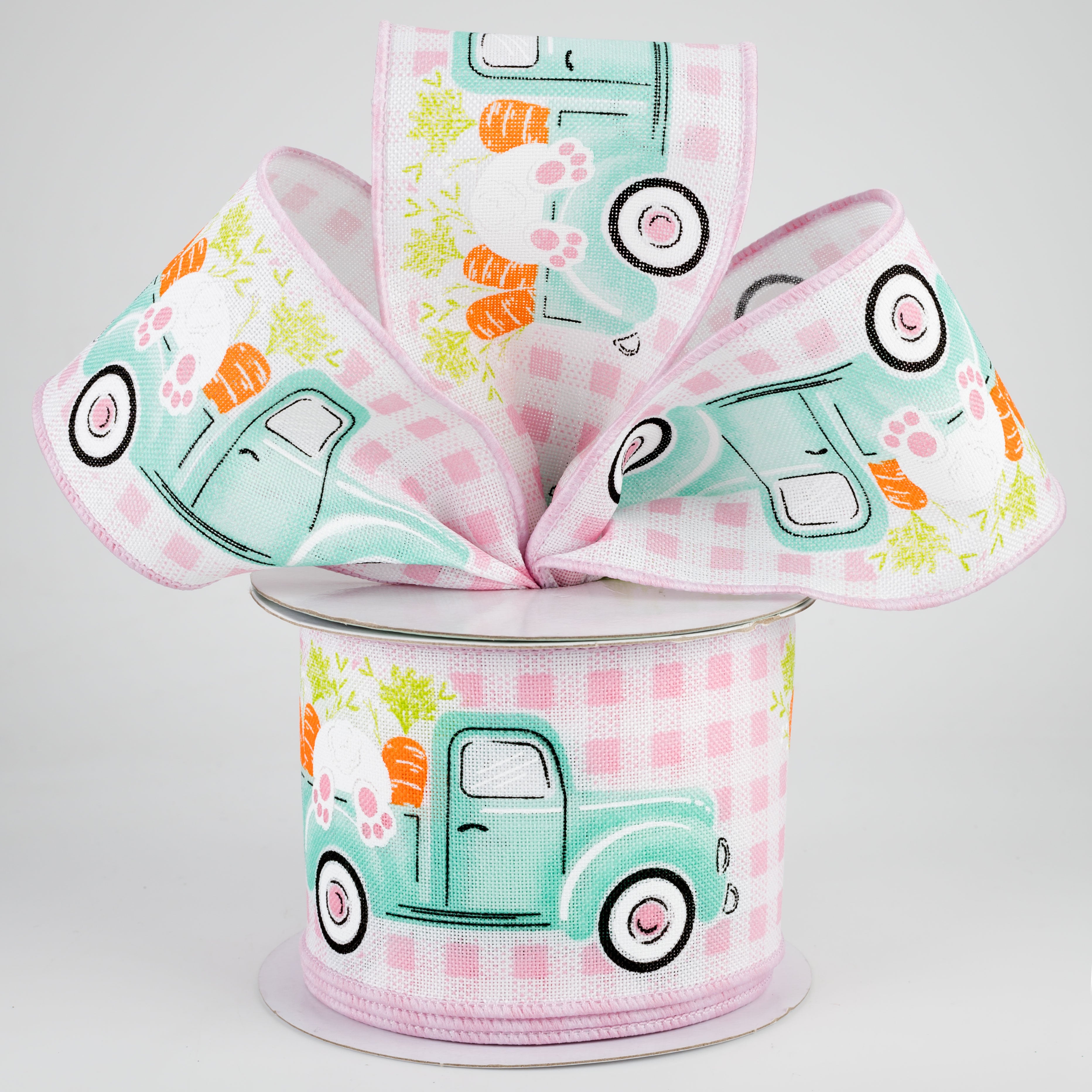 2.5" Truck With Bunny Check Ribbon: Light Pink (10 Yards) Lifestyle Photo