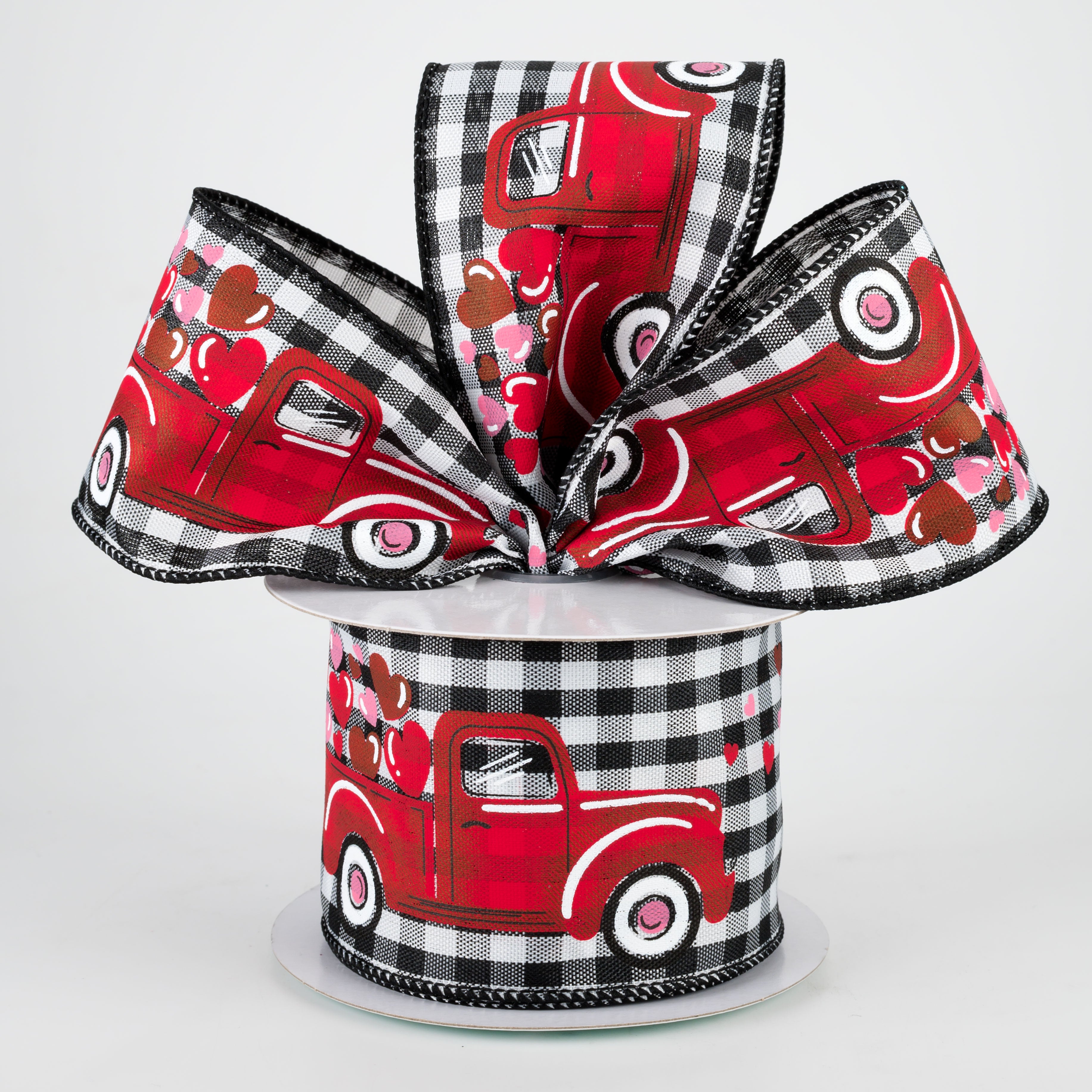 2.5" Truck With Hearts Gingham Check Ribbon (10 Yards) Lifestyle Photo