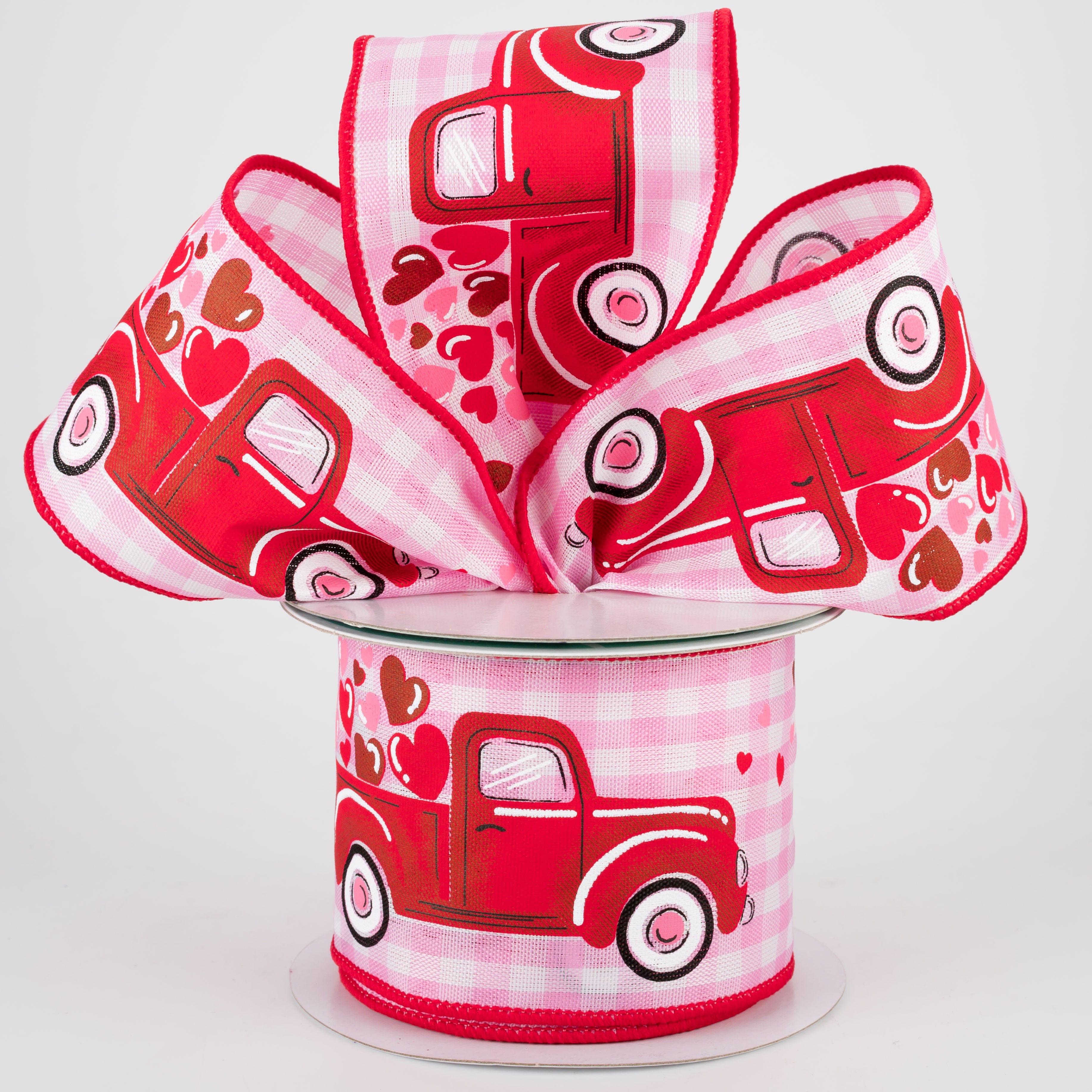 2.5" Truck With Hearts Gingham Check Ribbon: Light Pink (10 Yards) Lifestyle Photo