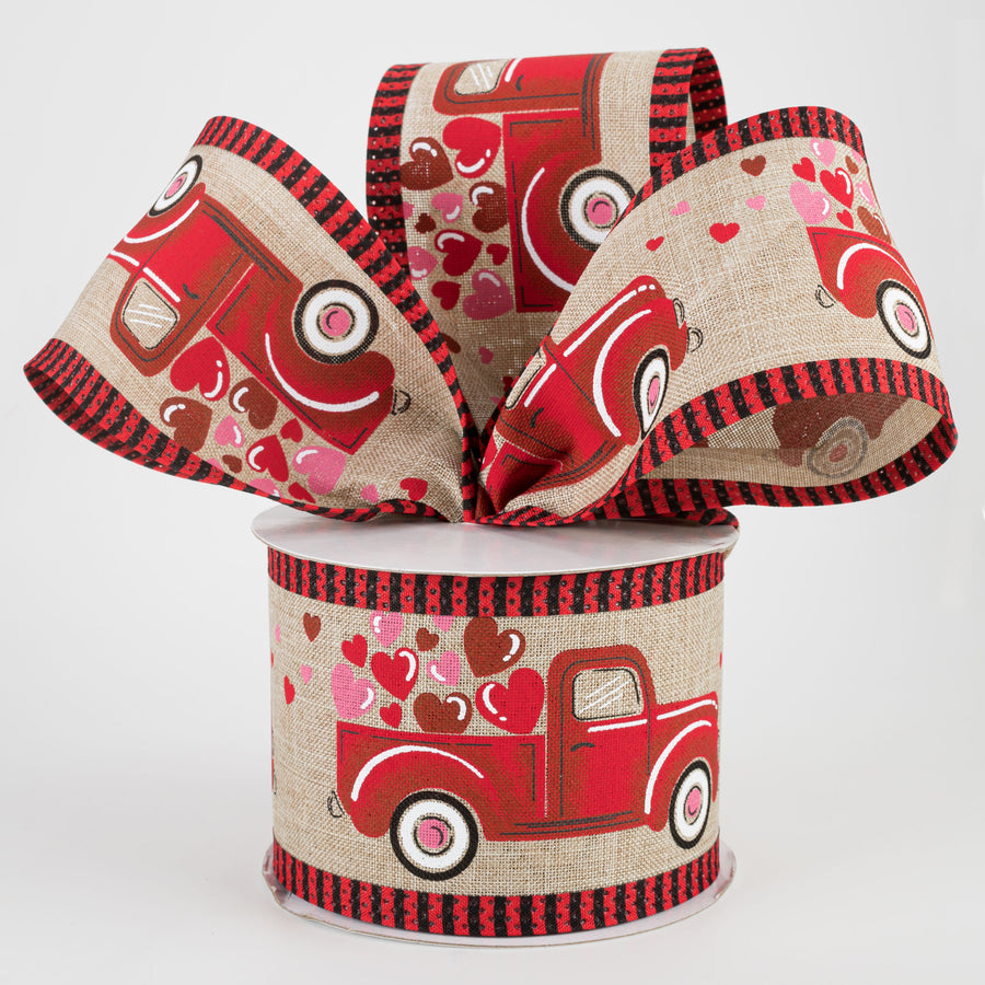 2.5" Truck With Hearts Thin Stripe Edge Ribbon: Natural (10 Yards) Lifestyle Photo