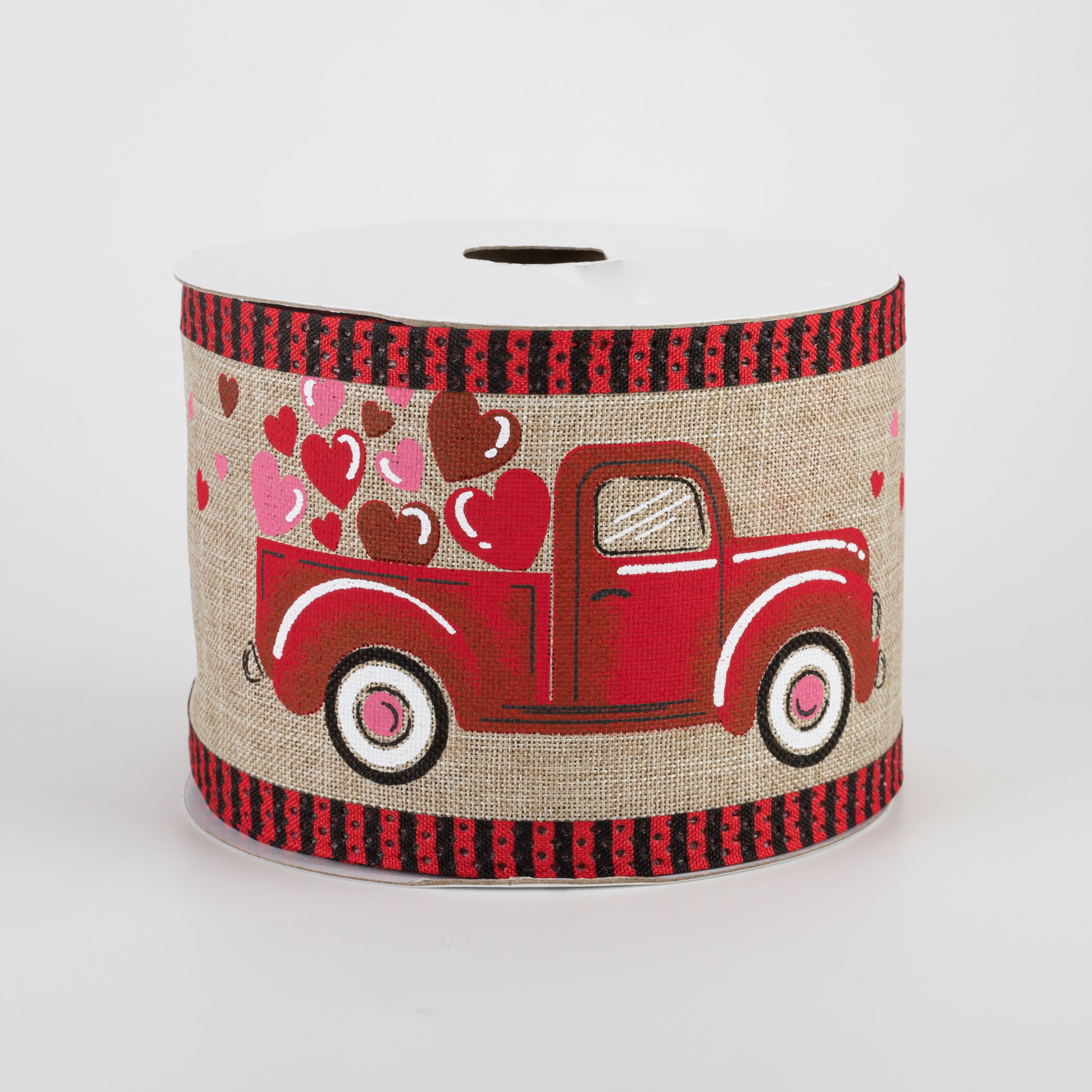 2.5" Truck With Hearts Thin Stripe Edge Ribbon: Natural (10 Yards)