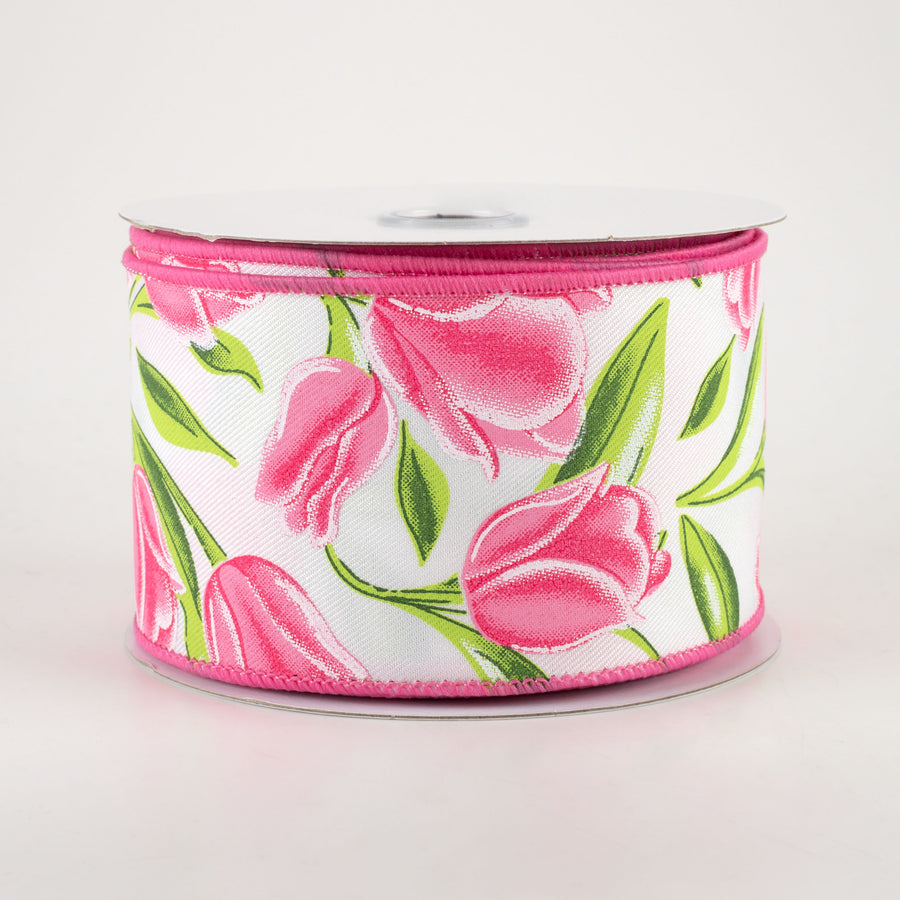 2.5" Tulips Ribbon: White & Pink (10 Yards)