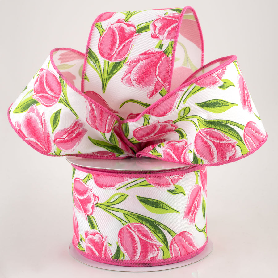 2.5" Tulips Ribbon: White & Pink (10 Yards) Lifestyle Photo