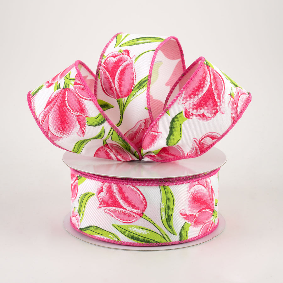 1.5" Tulips Ribbon: White & Pink (10 Yards) Lifestyle Photo