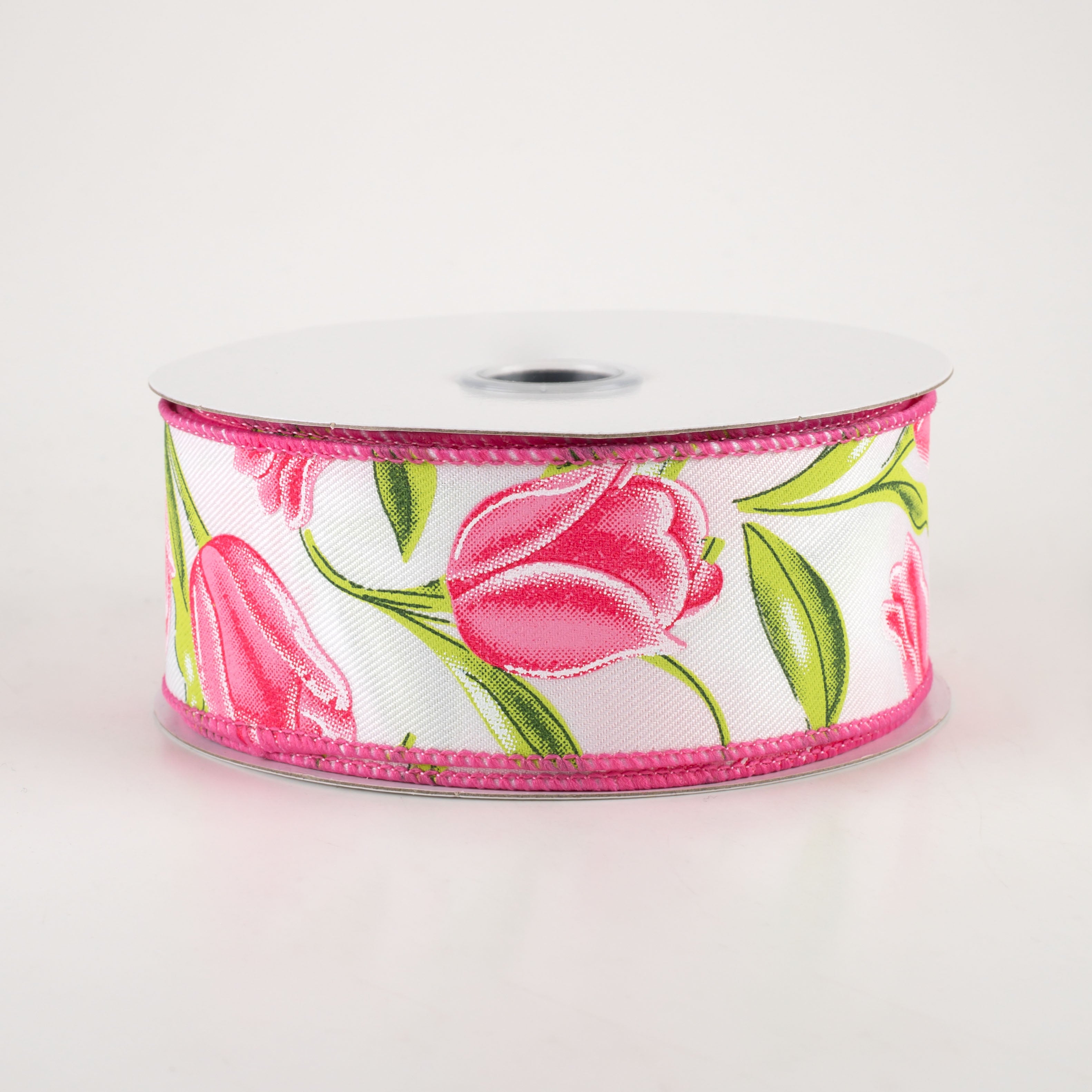 1.5" Tulips Ribbon: White & Pink (10 Yards)