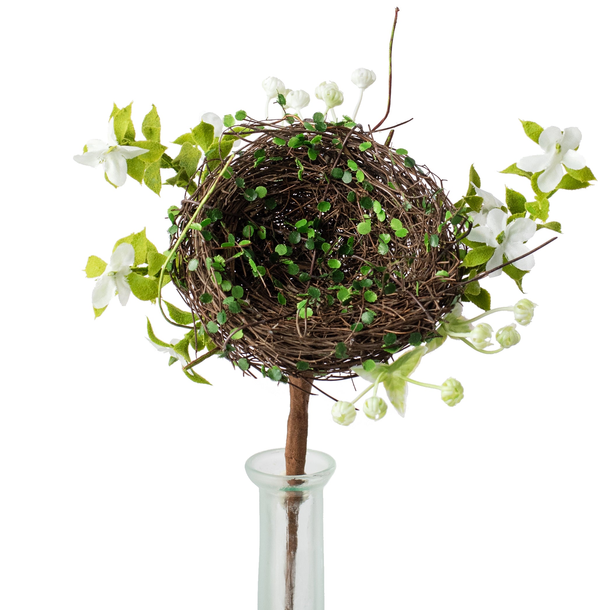10" Twig Nest with Flowers Pick: White Item Number: 210447