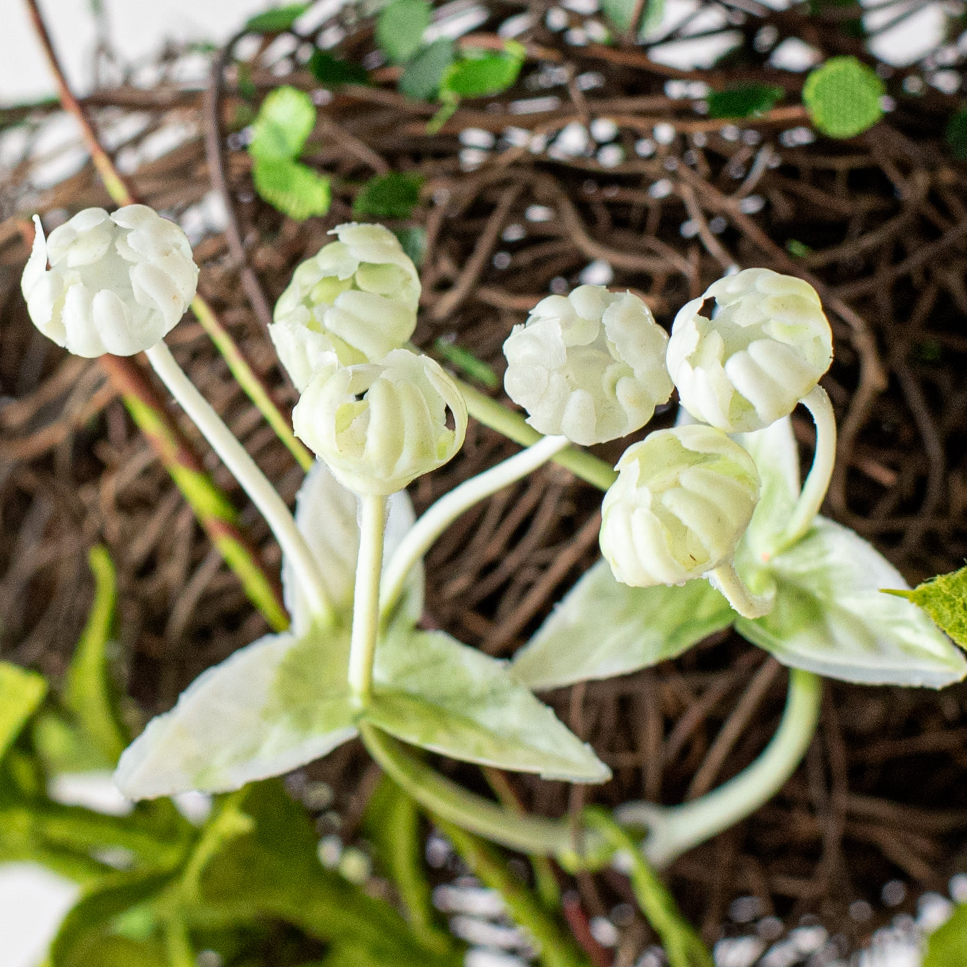 10" Twig Nest with Flowers Pick: White detail photo 4
