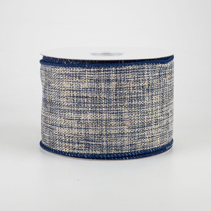 2.5" Twinkly Woven Linen Ribbon: Navy & Gold (10 Yards)