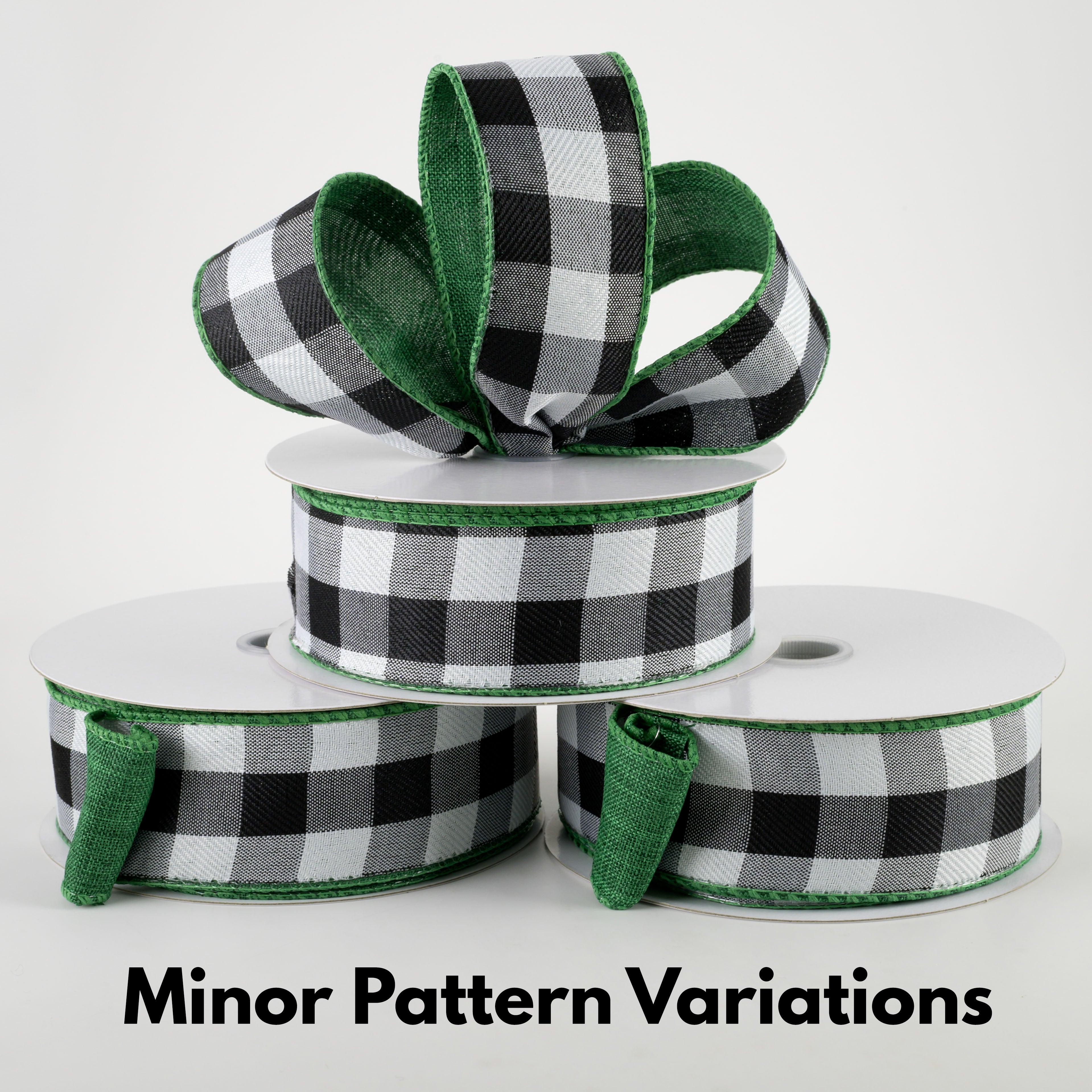 1.5" Two Sided Buffalo Plaid & Linen Ribbon: Black, White, Emerald Green (10 Yards) Lifestyle Photo