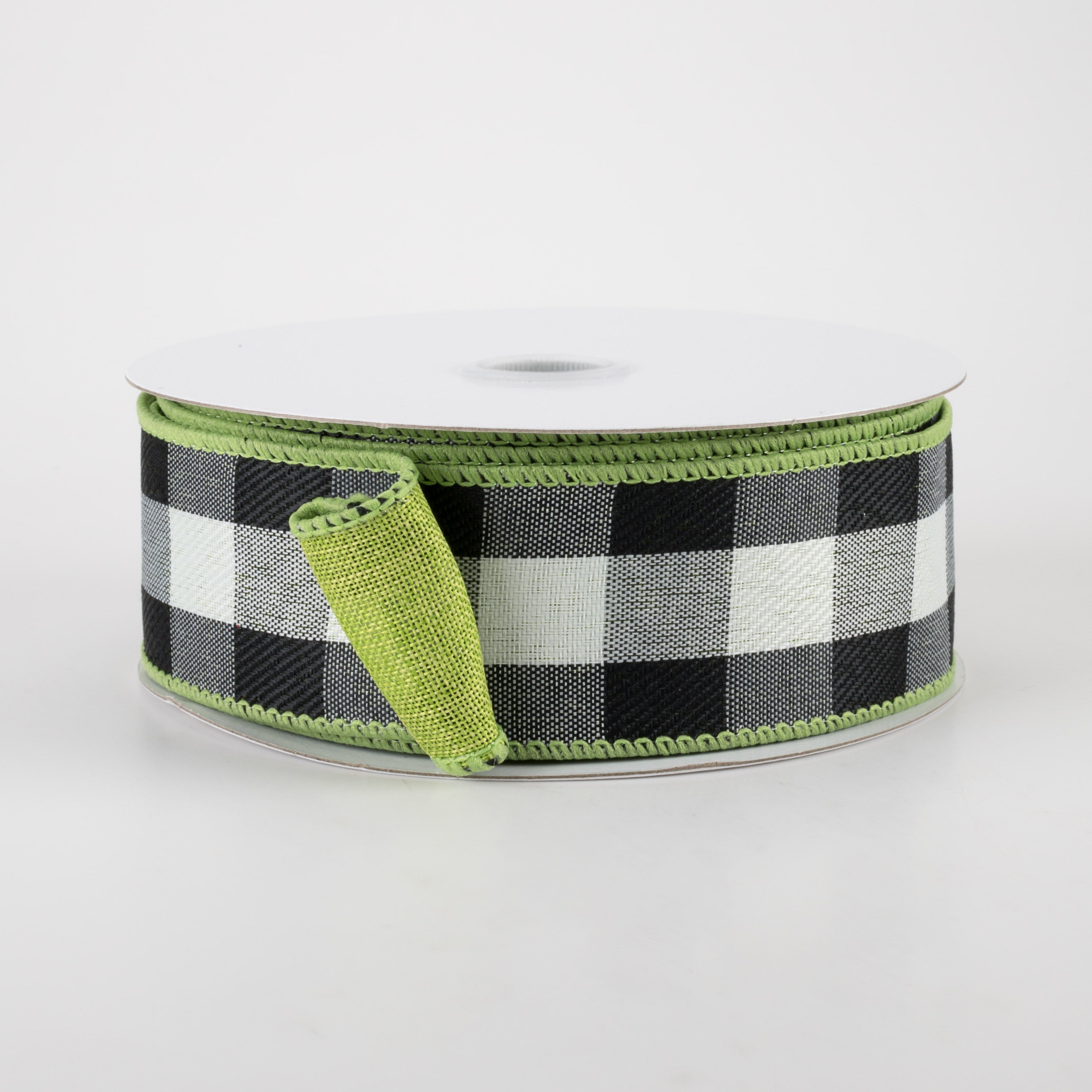 1.5" Two Sided Buffalo Plaid & Linen Ribbon: Black, White, Lime Green (10 Yards) Item Number: 41148-09-09