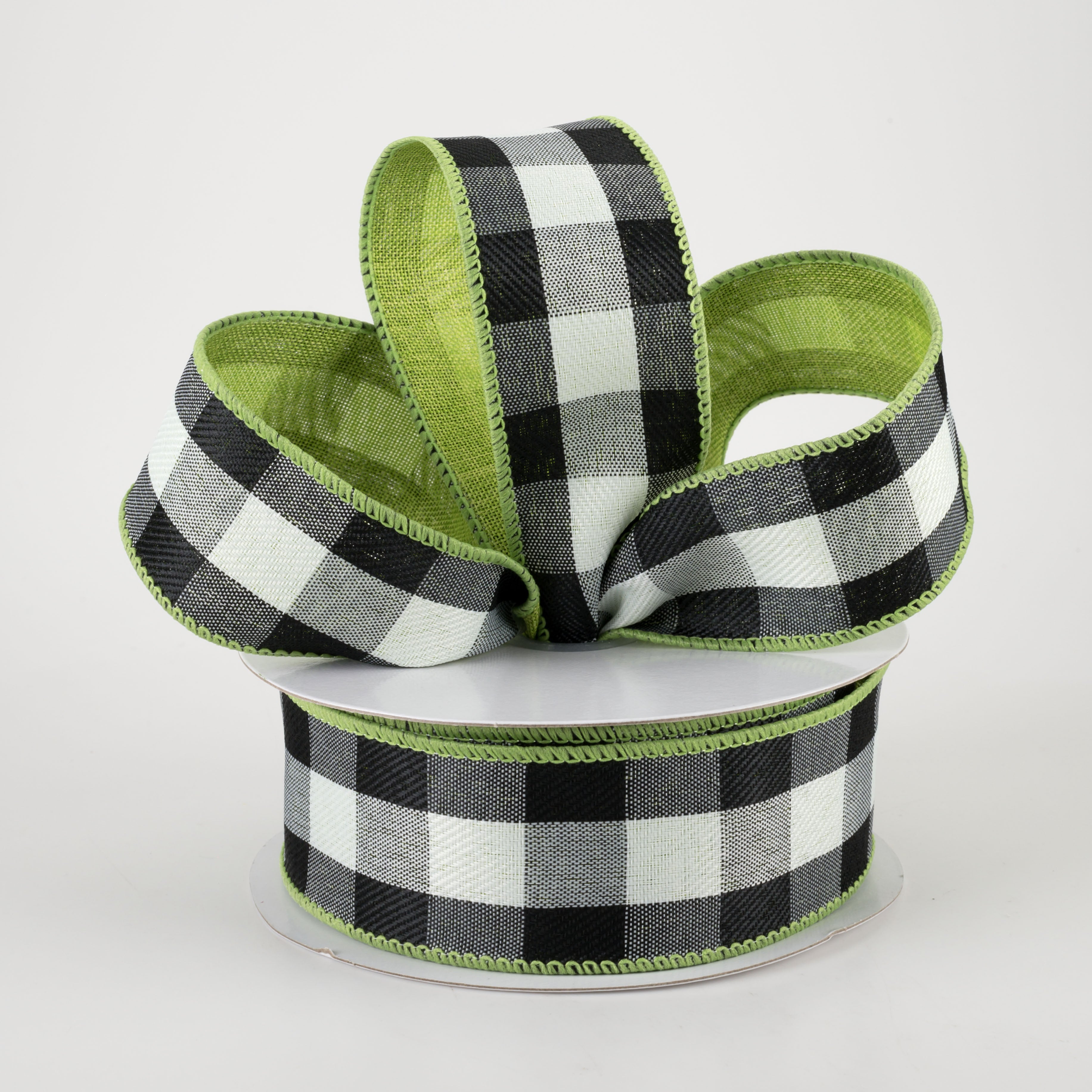 1.5" Two Sided Buffalo Plaid & Linen Ribbon: Black, White, Lime Green (10 Yards) Lifestyle Photo
