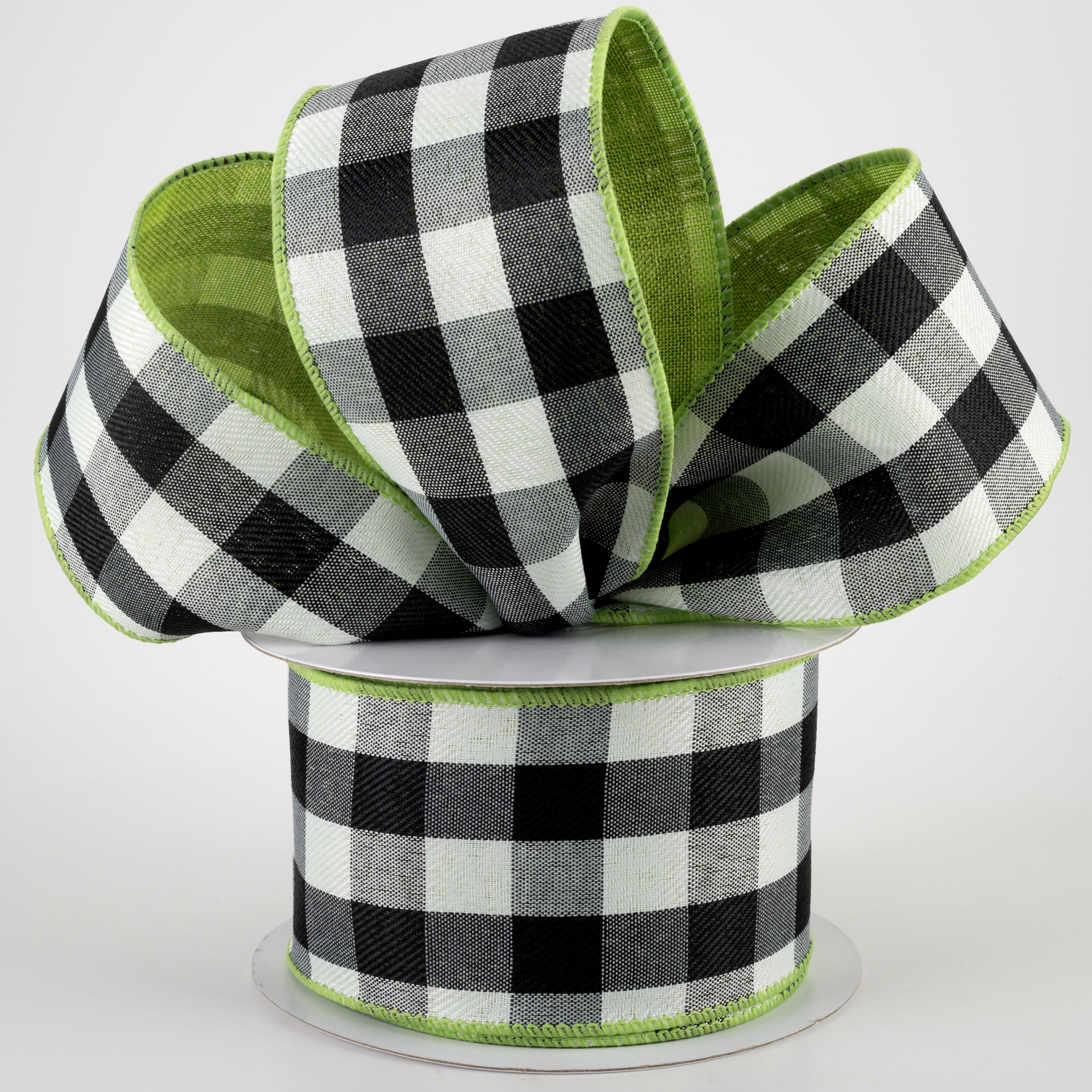 2.5" Two Sided Buffalo Plaid & Linen Ribbon: Black, White, Lime Green (10 Yards) Lifestyle Photo